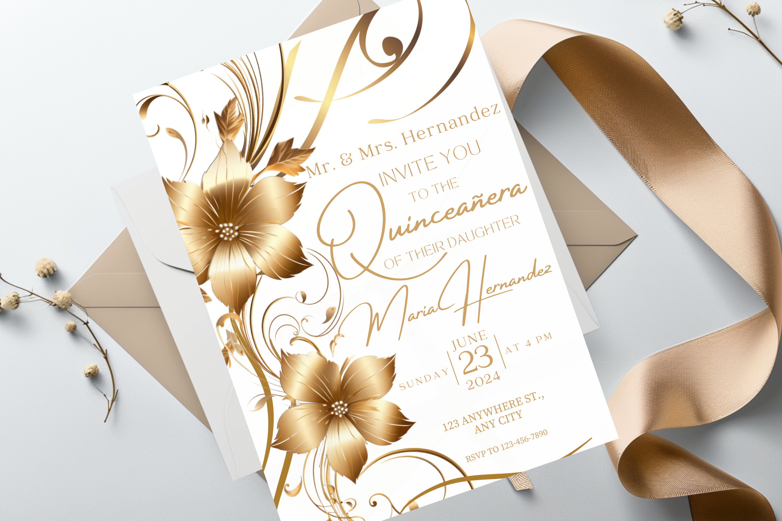 White and Gold Flower Quinceañera Party Invitation | Canva Template | Print at Home Invitation | Design #171