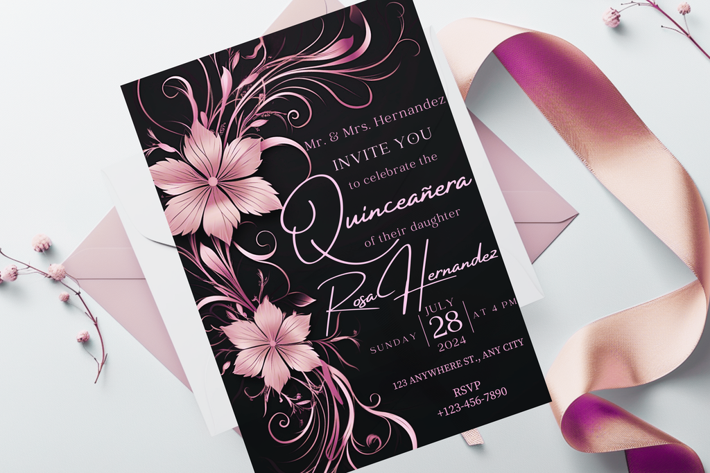 Black and Pink Flower Quinceañera Party Invitation | Canva Template | Print at Home Invitation | Design #172