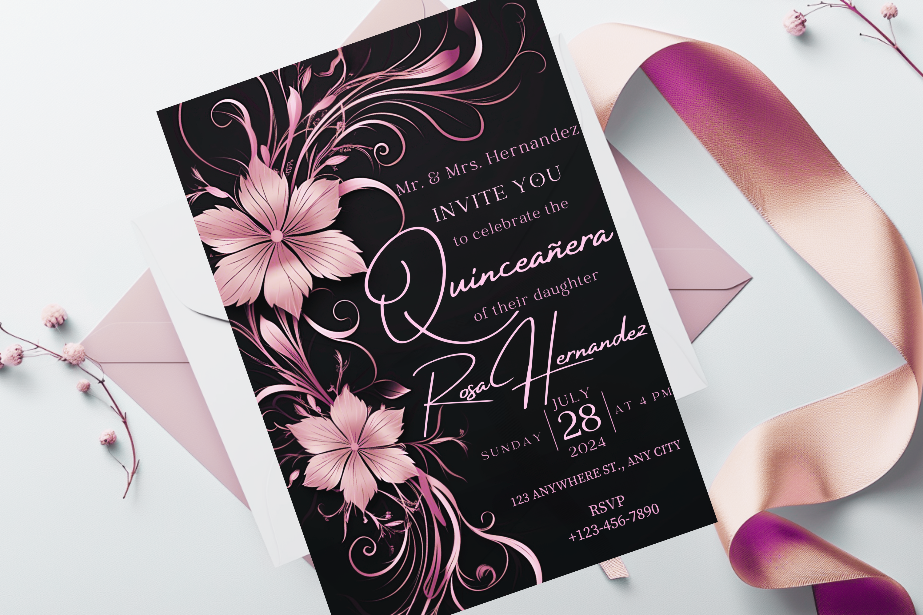 Invitation d'anniversaire de Quinceañera Fleurs noires et roses | Modèle Canva | Invitation à imprimer chez soi | Design #172