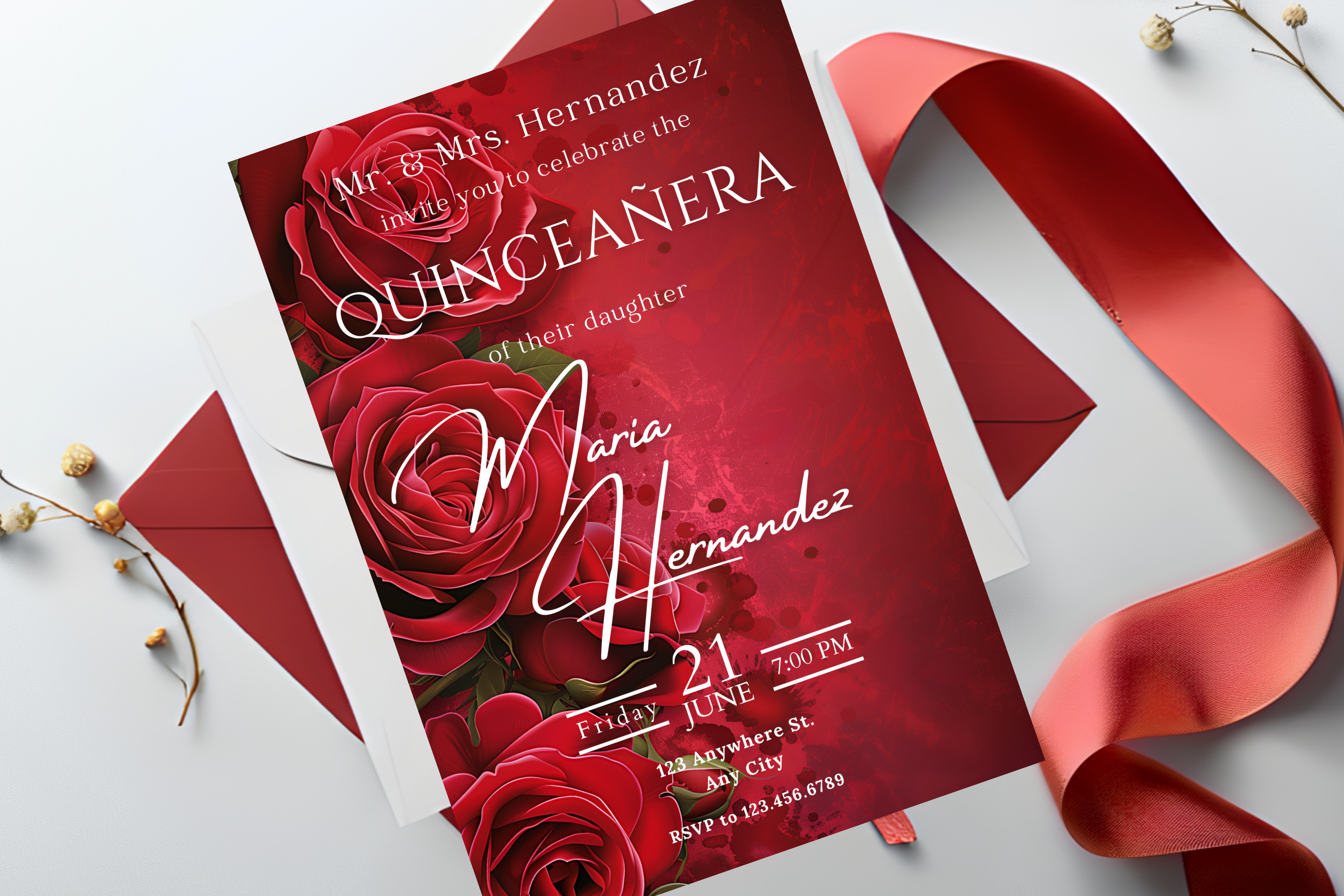 Red Rose Quinceañera Party Invitation | Canva Template | Print at Home Invitation | Design #168