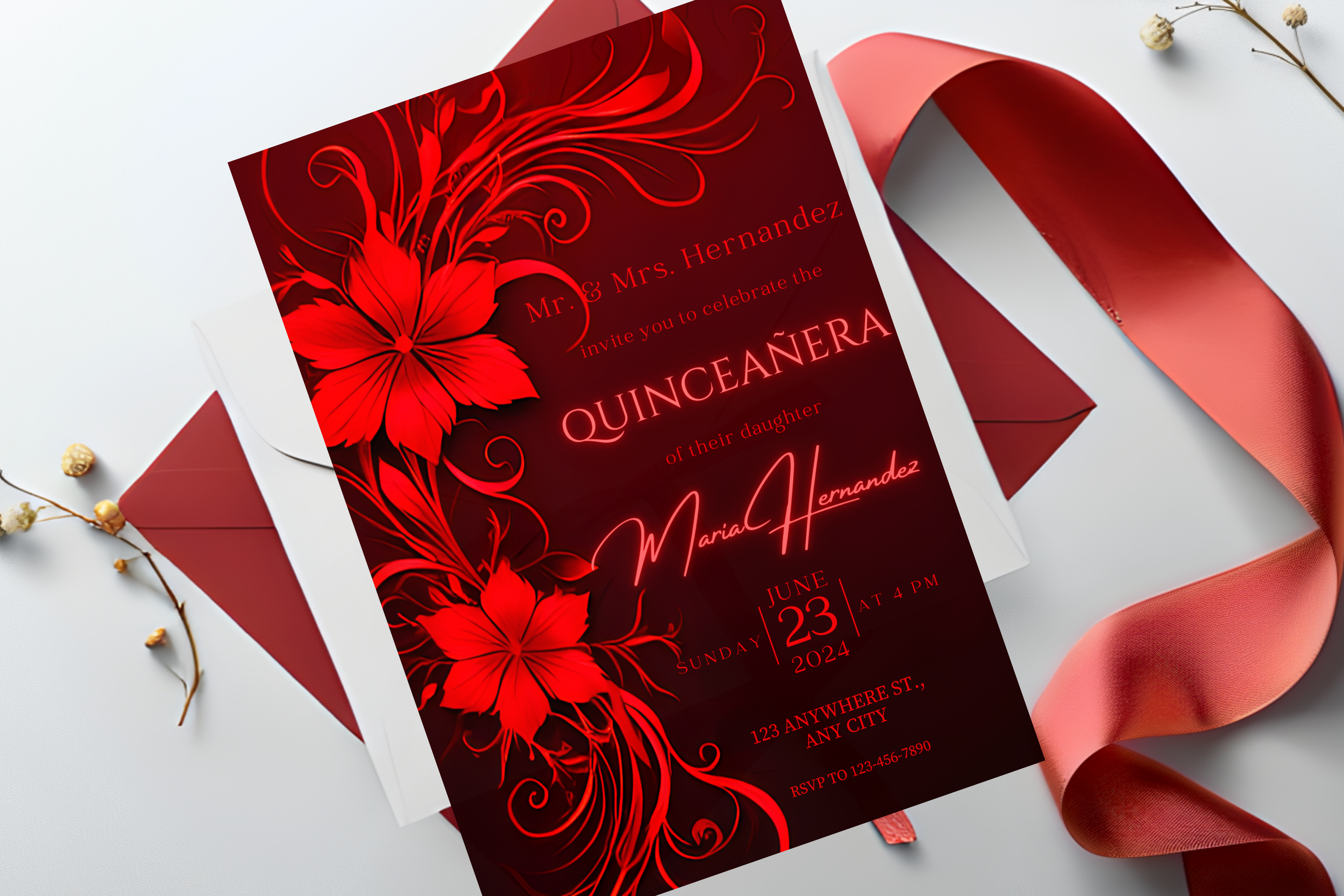 Invitation pour Quinceañera Fleurs Noires et Rouges | Modèle Canva | Invitation à Imprimer chez Soi | Design #169