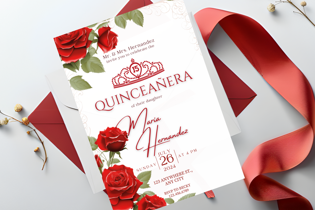 Red Rose Quinceañera Party Invitation | Canva Template | Print at Home Invitation | Design #166