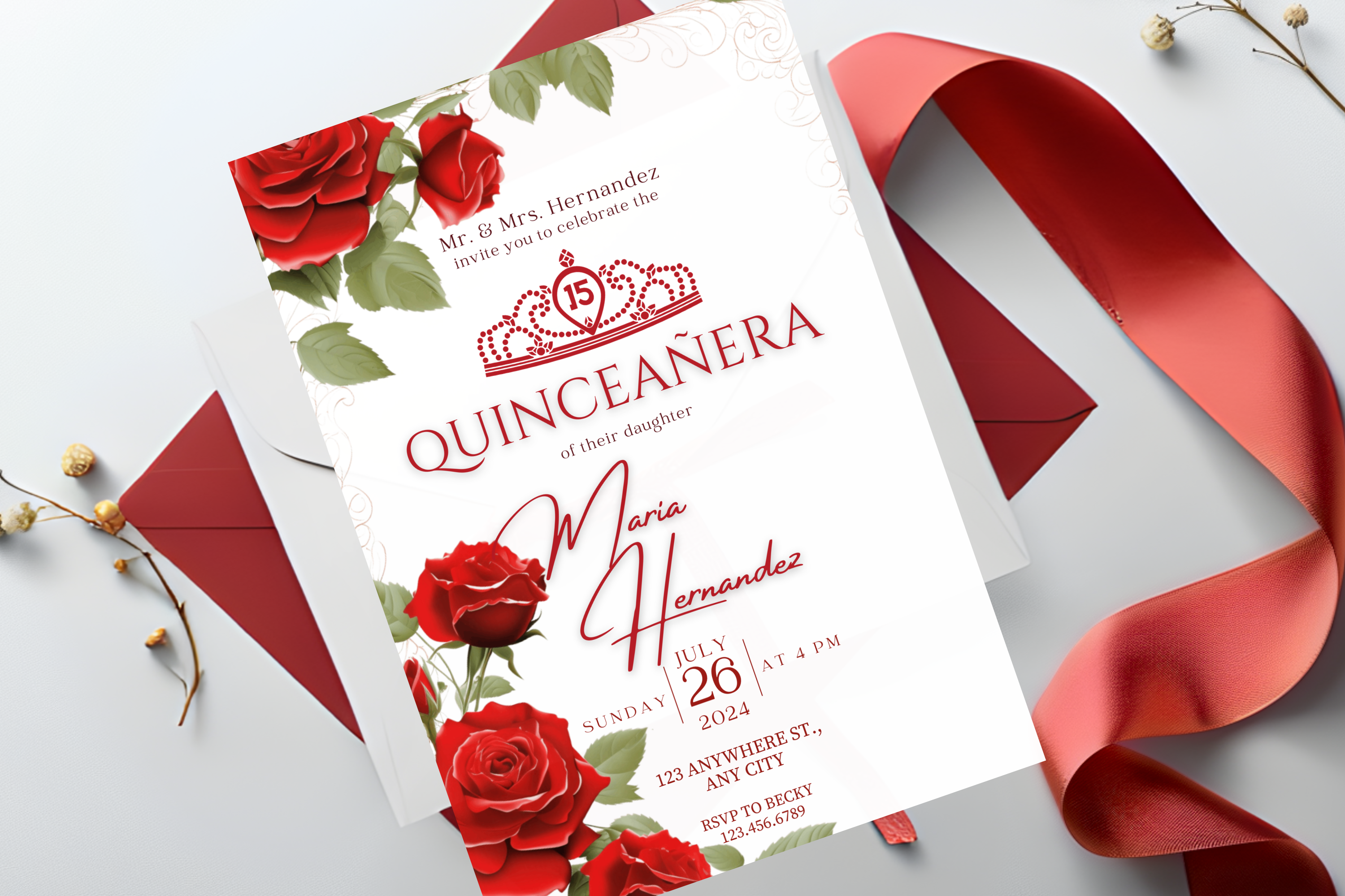 Red Rose Quinceañera Party Invitation | Canva Template | Print at Home Invitation | Design #166