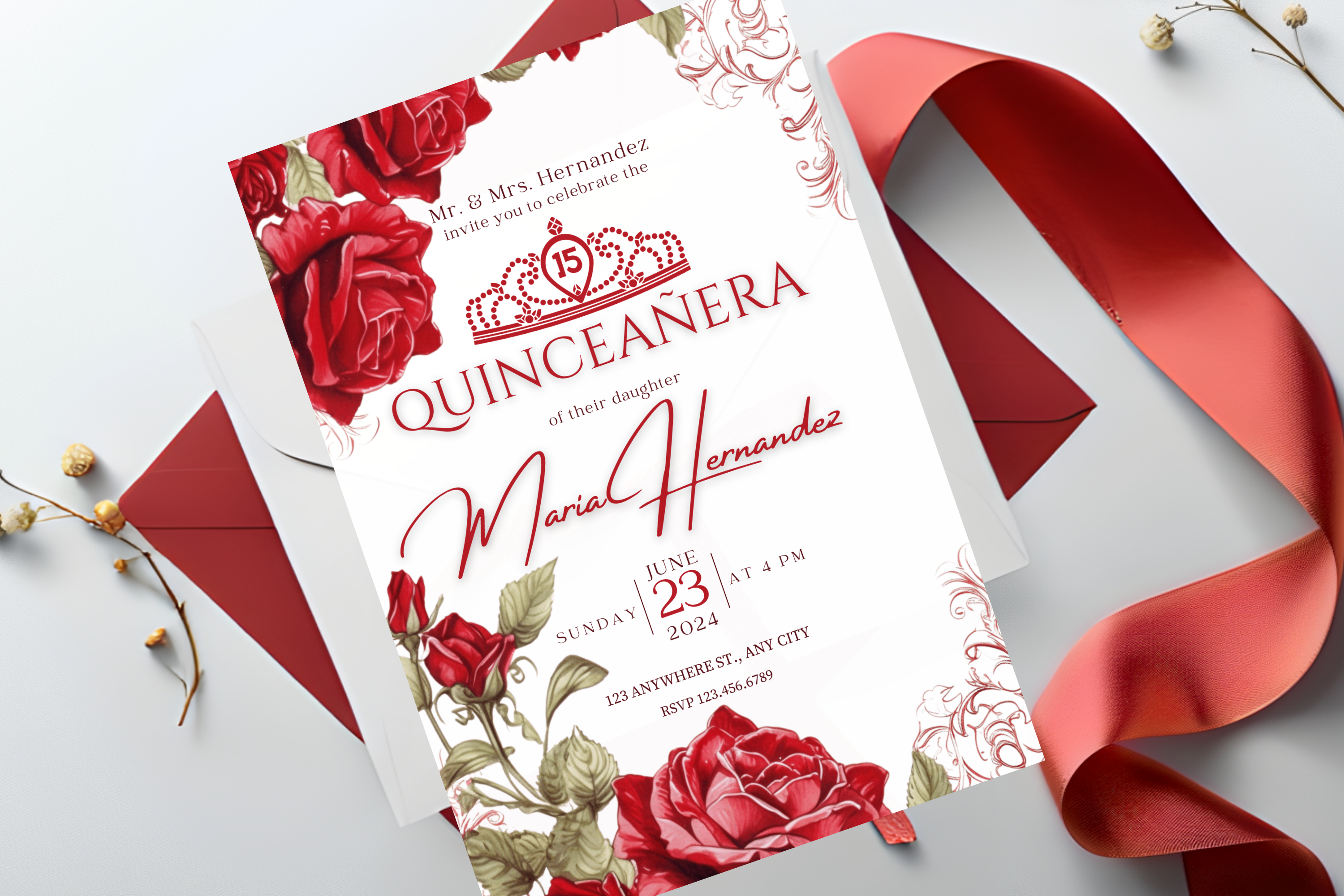 Red Rose Quinceañera Party Invitation | Canva Template | Print at Home Invitation | Design #167