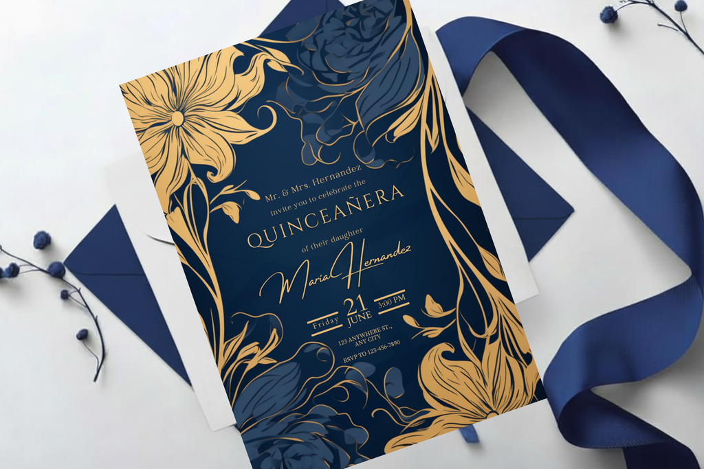 Blue and Gold Flower Quinceañera Party Invitation | Canva Template | Print at Home Invitation | Design #163