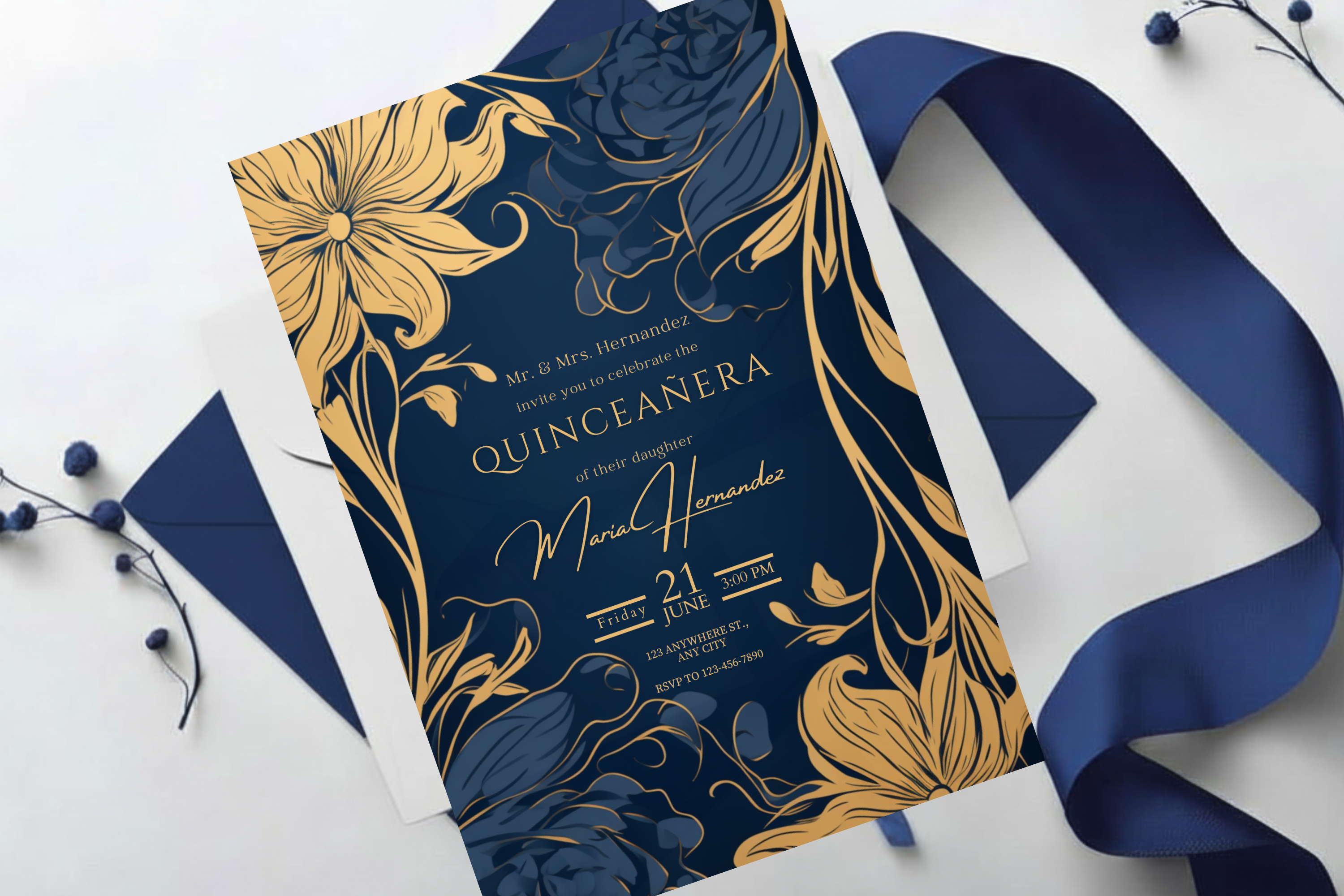 Invitation à la Quinceañera Fleurs Bleues et Dorées | Modèle Canva | Invitation à imprimer soi-même | Design #163