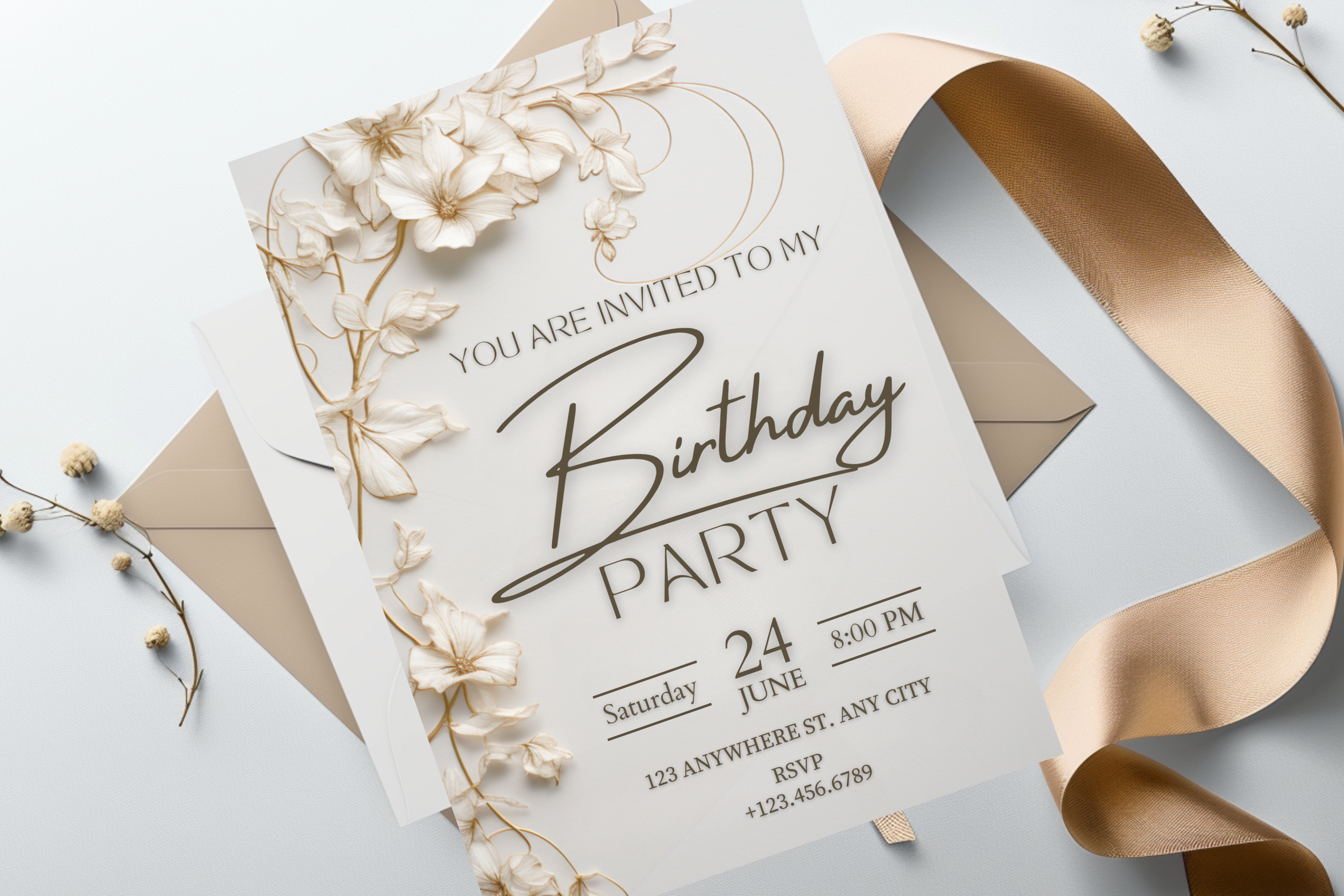 Cream & White Flower Birthday Party Invitation | Canva Template | Print at Home Invitation | Design #189