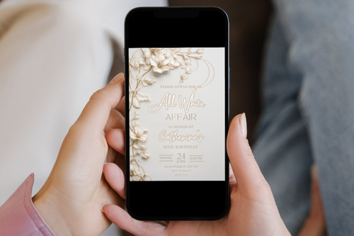 All White Affair Party Invitation | Cream & White Flower Birthday Party Invitation | Canva Template | Print at Home Invitation | Design #150