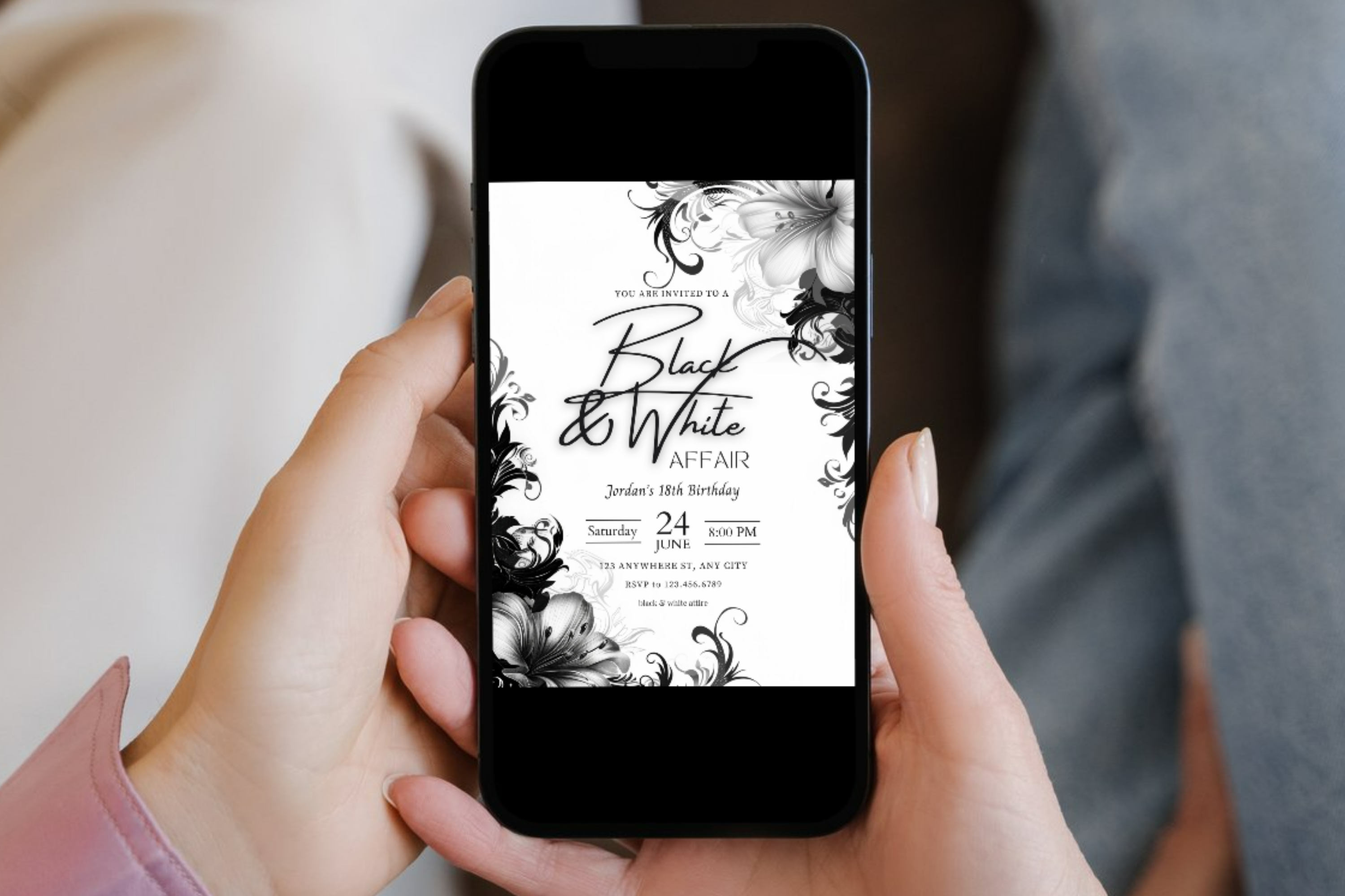 Black and White Affair Birthday Party Invitation | Black and White Flower Invite | Canva Template | Print at Home Invitation | Design #143