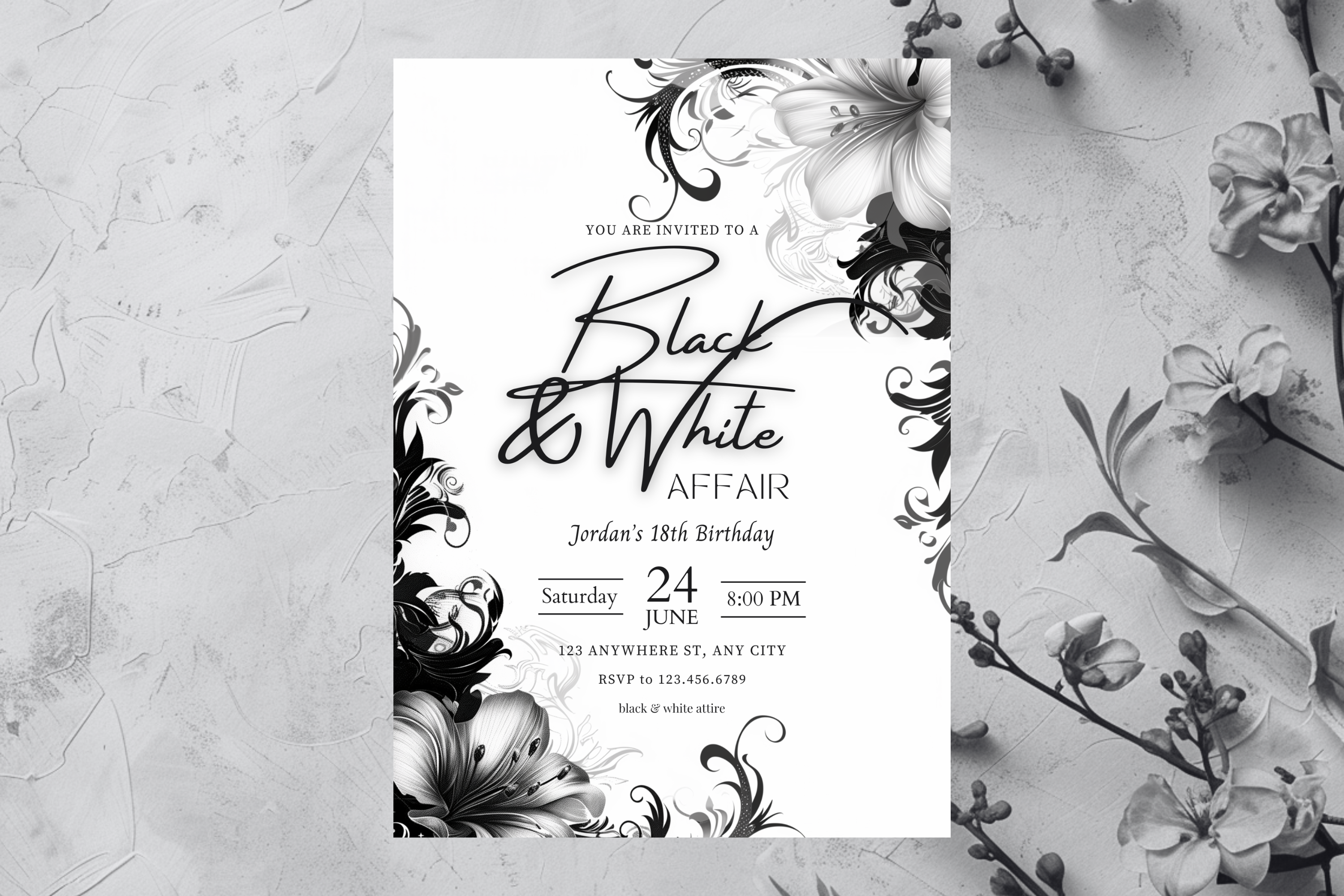Black and White Affair Birthday Party Invitation | Black and White Flower Invite | Canva Template | Print at Home Invitation | Design #143