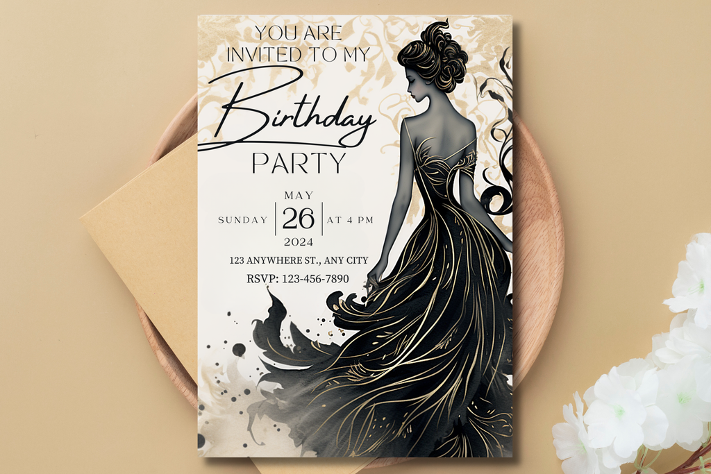 Black and Gold Birthday Invitation | Gold Woman Birthday Party Invite | Canva Template | Print at Home Invitation | Design #184