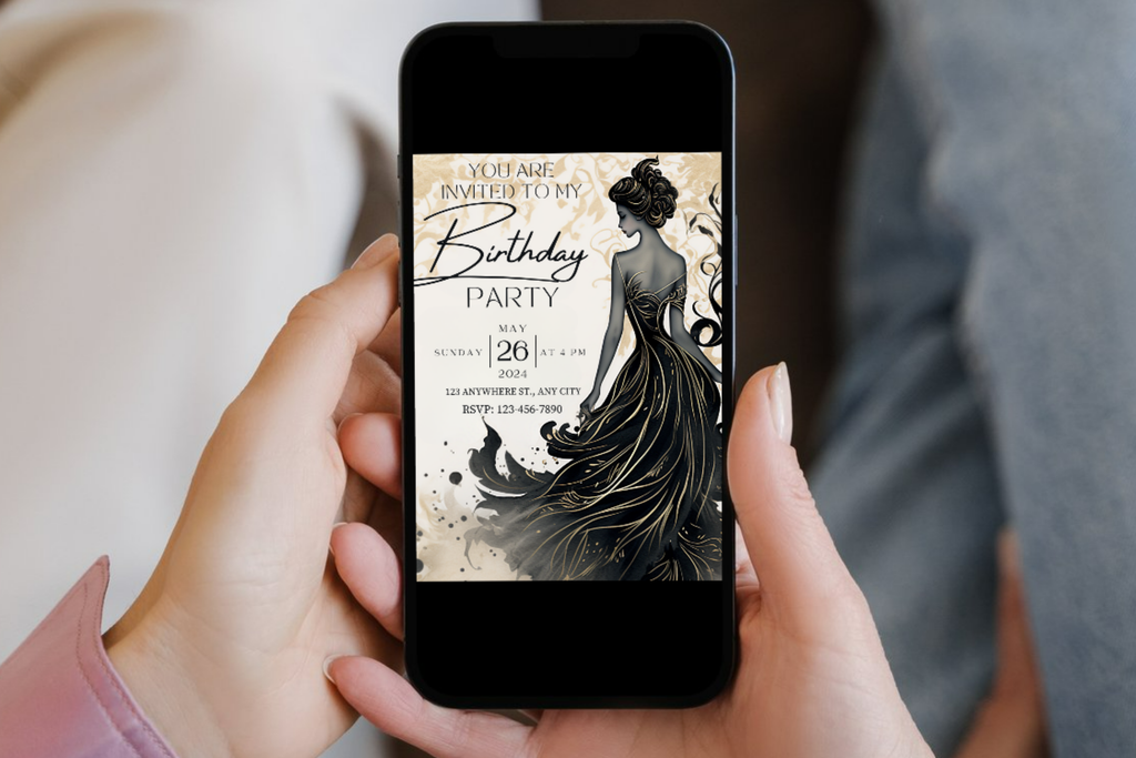 Black and Gold Birthday Invitation | Gold Woman Birthday Party Invite | Canva Template | Print at Home Invitation | Design #184