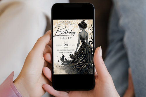 Black and Gold Birthday Invitation | Gold Woman Birthday Party Invite | Canva Template | Print at Home Invitation | Design #184