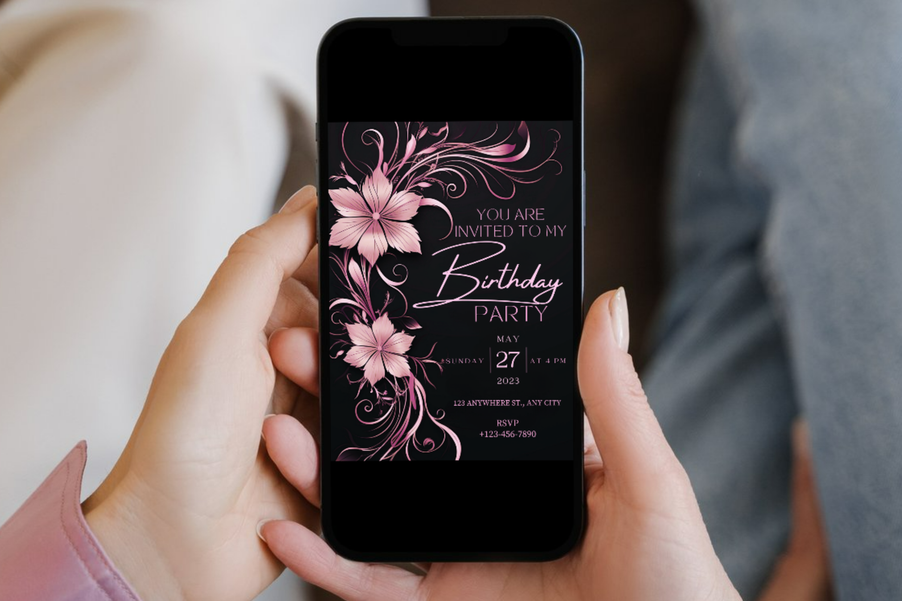 Invitation d'anniversaire à fleurs noires et roses | Modèle Canva | Invitation à imprimer soi-même | Design #185