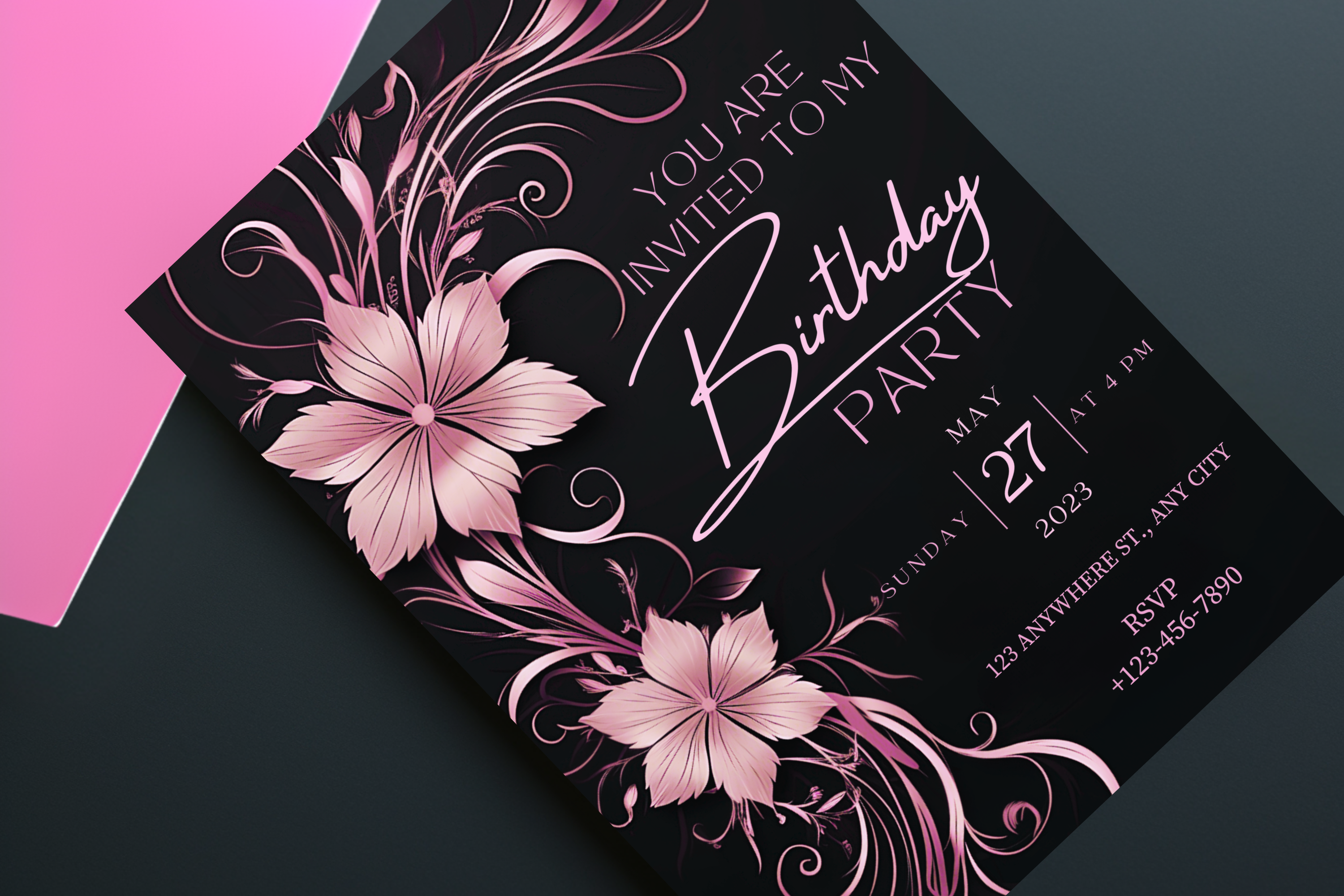 Invitation d'anniversaire à fleurs noires et roses | Modèle Canva | Invitation à imprimer soi-même | Design #185