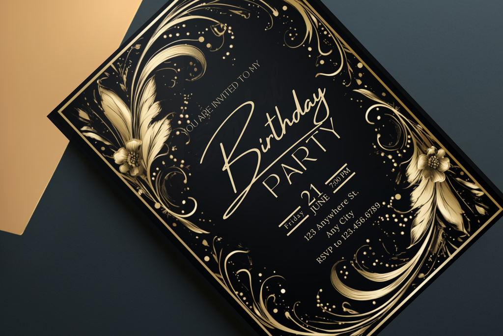 Invitation d'anniversaire Plumes Noires et Dorées | Modèle Canva | Invitation à imprimer à la maison | Modèle n°186
