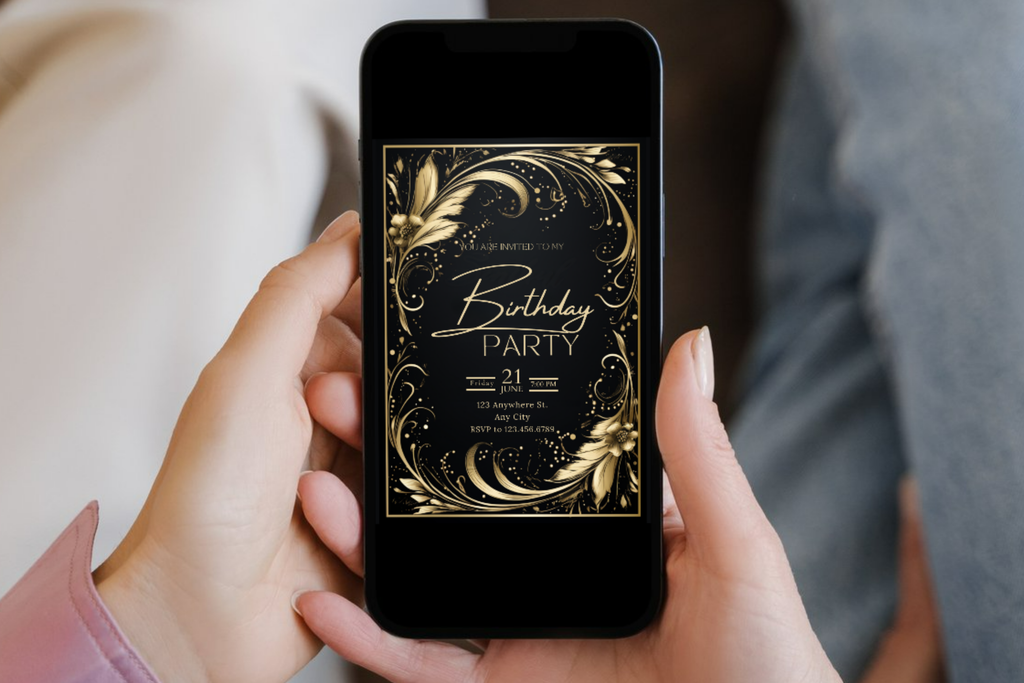 Invitation d'anniversaire Plumes Noires et Dorées | Modèle Canva | Invitation à imprimer à la maison | Modèle n°186