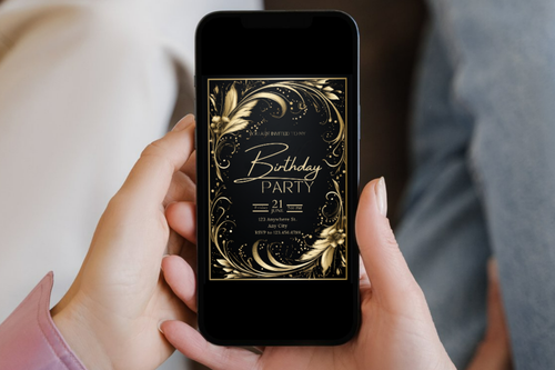 Black and Gold Feather Birthday Party Invitation | Canva Template | Print at Home Invitation | Design #186