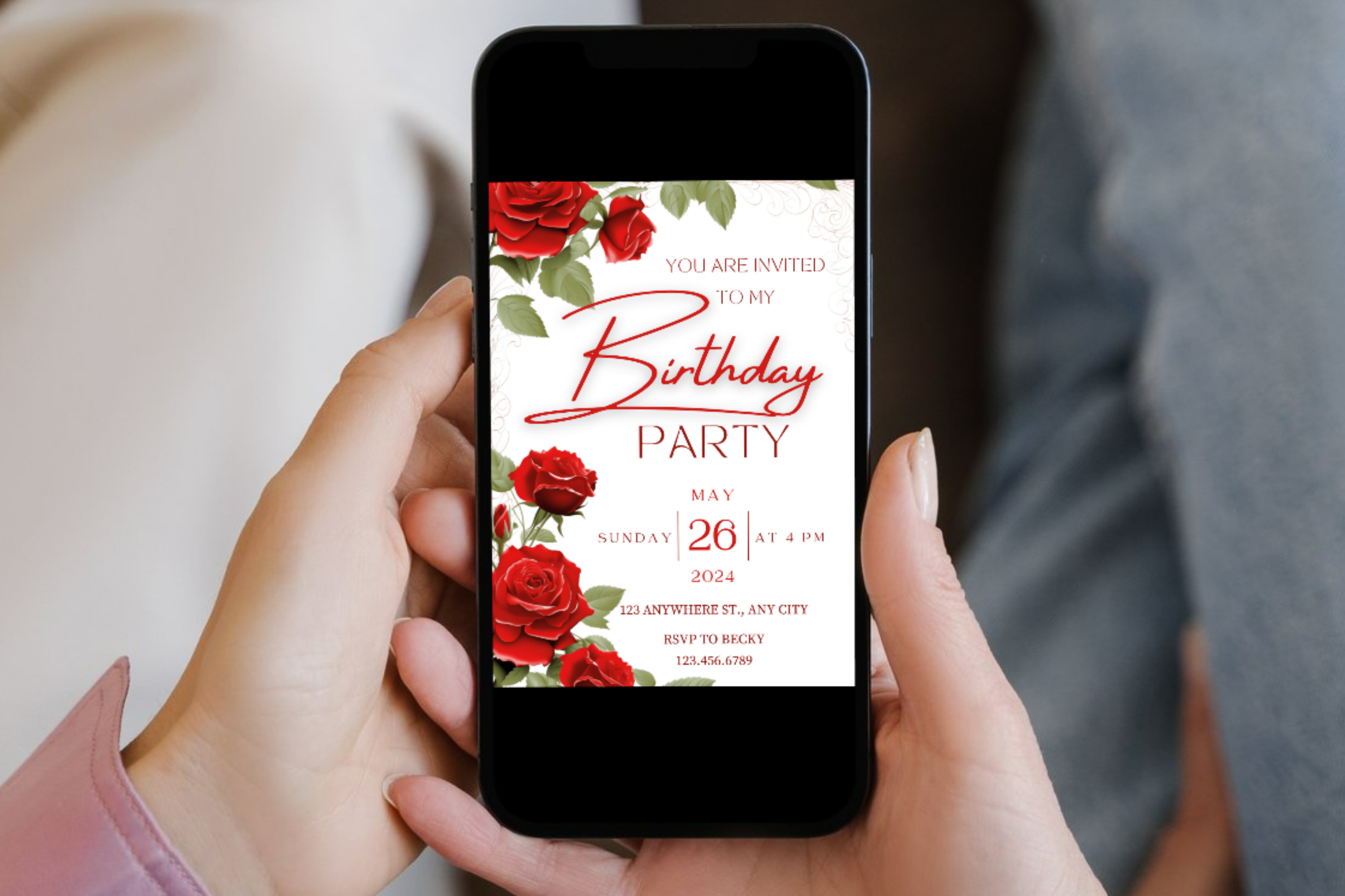 Red Rose Birthday Party Invitation | Canva Template | Print at Home Invitation | Design #187