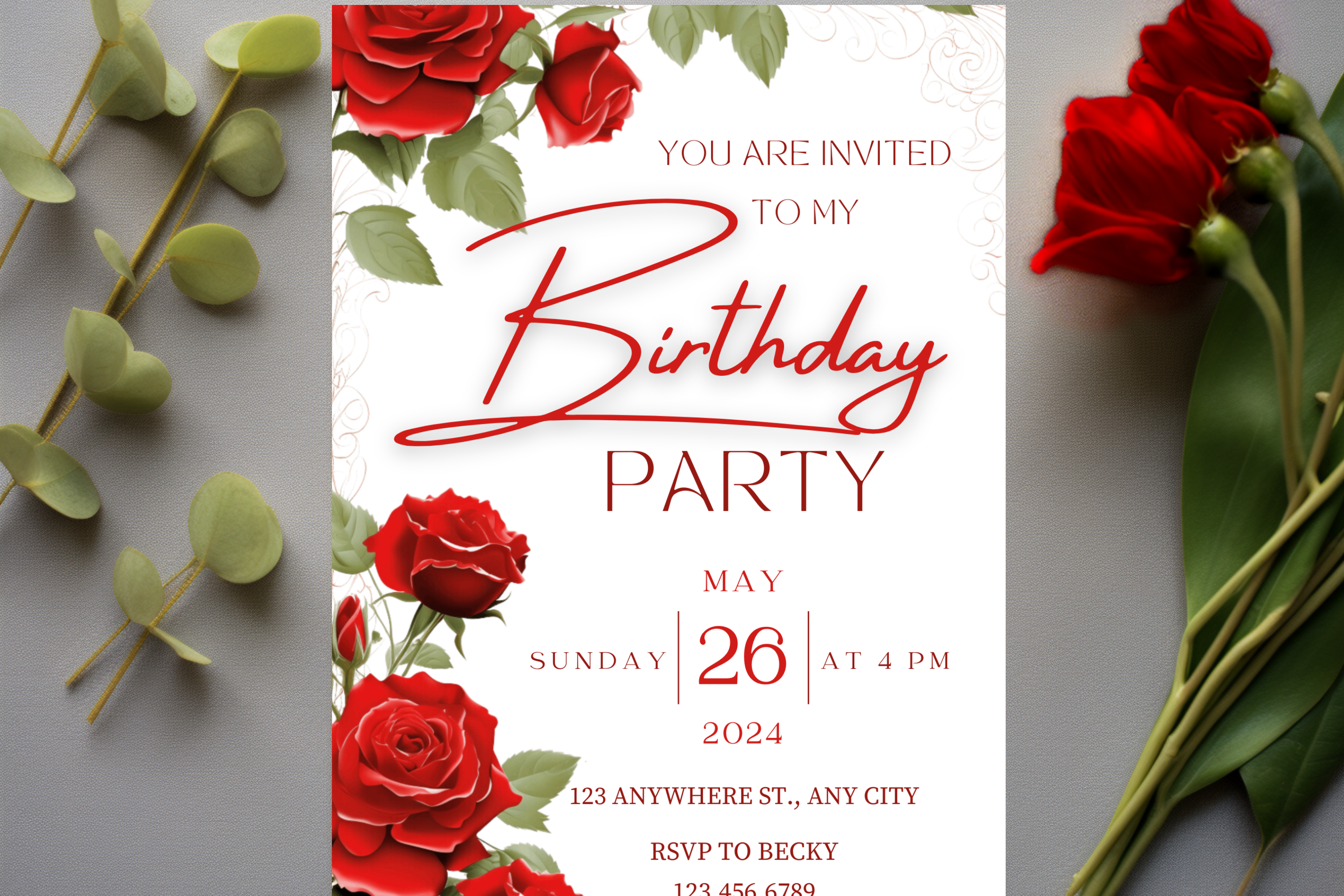 Red Rose Birthday Party Invitation | Canva Template | Print at Home Invitation | Design #187