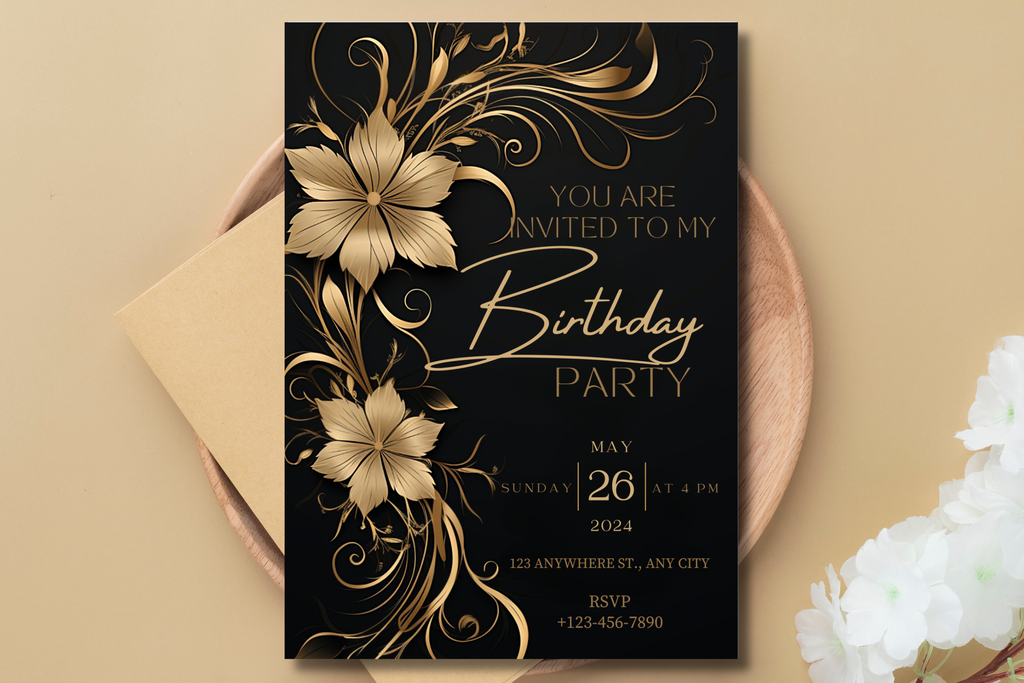 Invitation d'anniversaire florale noire et or | Modèle Canva | Invitation à imprimer soi-même | Design #182