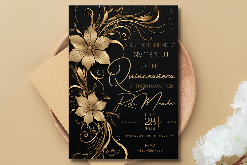 Black and Gold Flower Quinceañera Party Invitation | Canva Template | Print at Home Invitation | Design #159