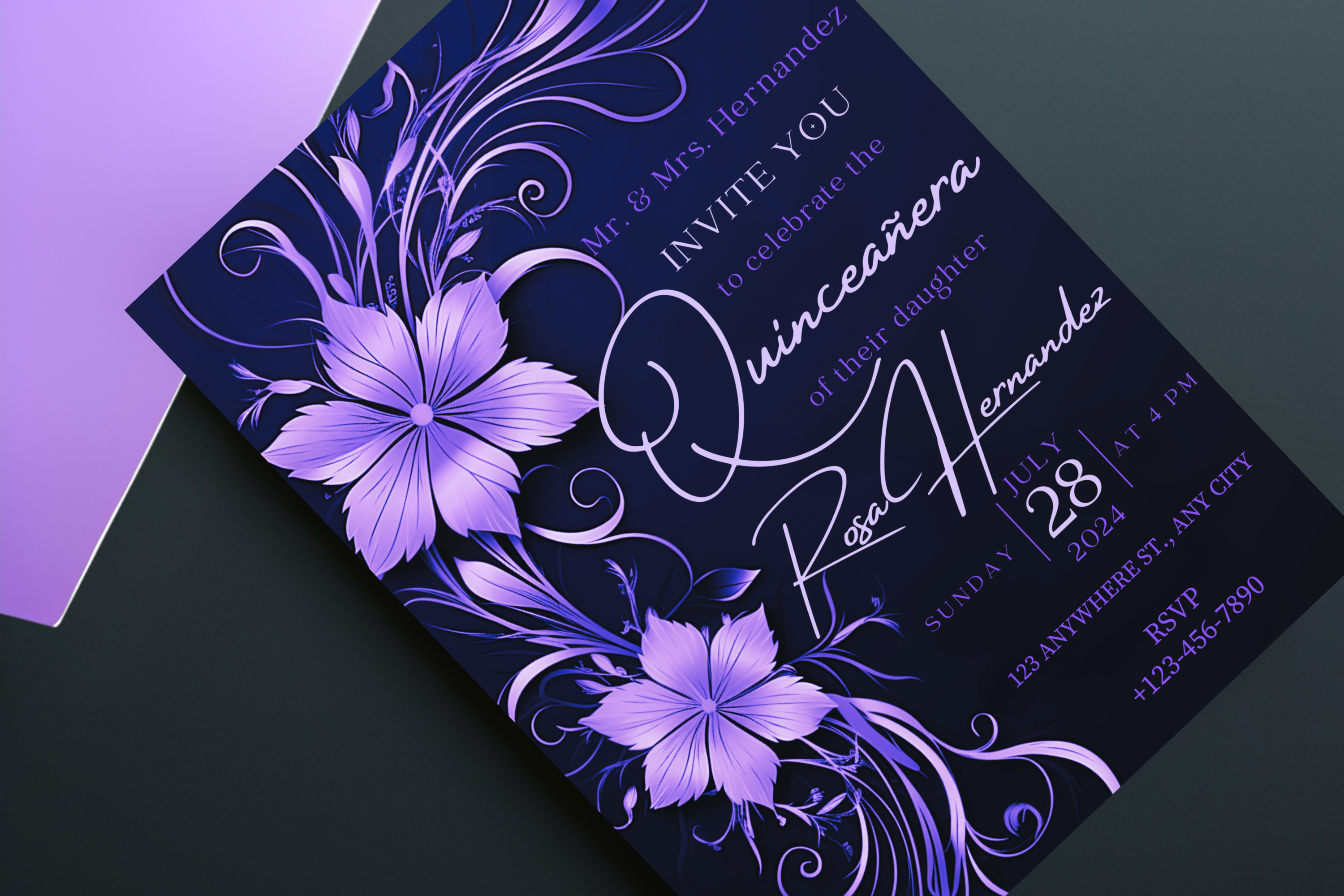 Invitation de Quinceañera Fleurs Noires et Violettes | Modèle Canva | Invitation à imprimer soi-même | Design #173