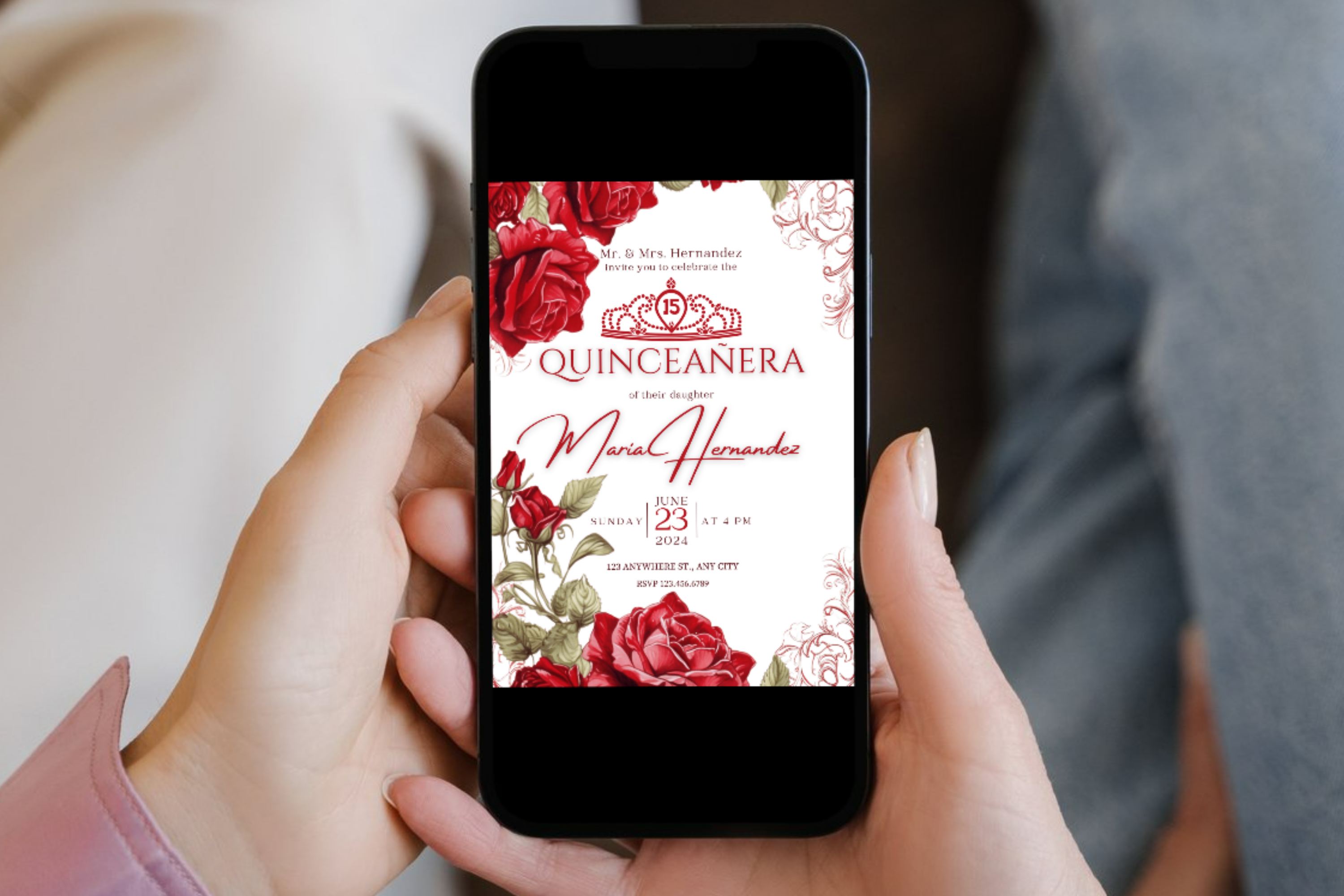 Red Rose Quinceañera Party Invitation | Canva Template | Print at Home Invitation | Design #167