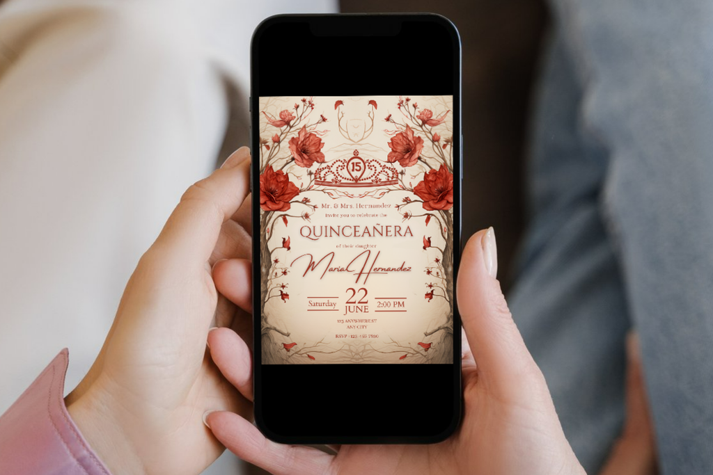 Invitation de Quinceañera Fleurs Beige et Rouge | Modèle Canva | Invitation à Imprimer chez soi | Design n°170