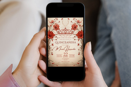 Invitation de Quinceañera Fleurs Beige et Rouge | Modèle Canva | Invitation à Imprimer chez soi | Design n°170