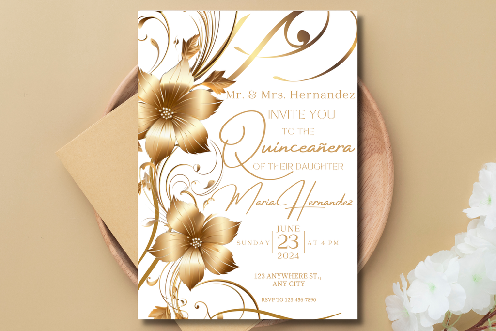 White and Gold Flower Quinceañera Party Invitation | Canva Template | Print at Home Invitation | Design #171