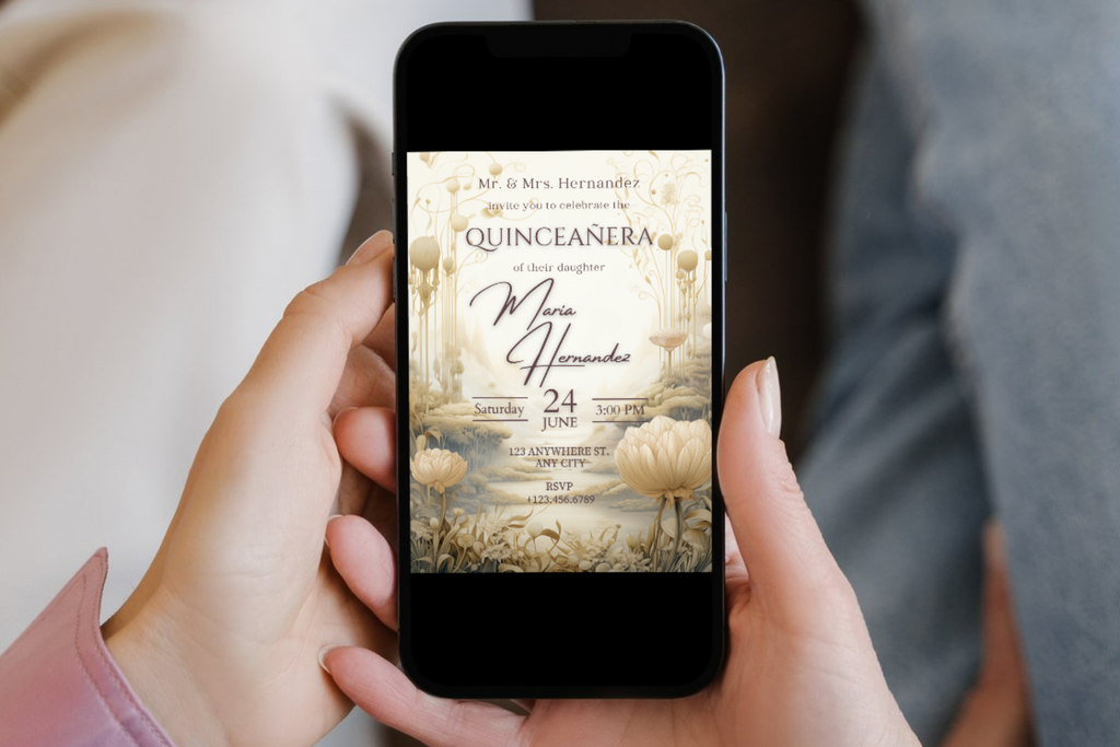 Invitation de fête de Quinceañera avec fleurs beiges et blanches | Modèle Canva | Invitation à imprimer à la maison | Design #176