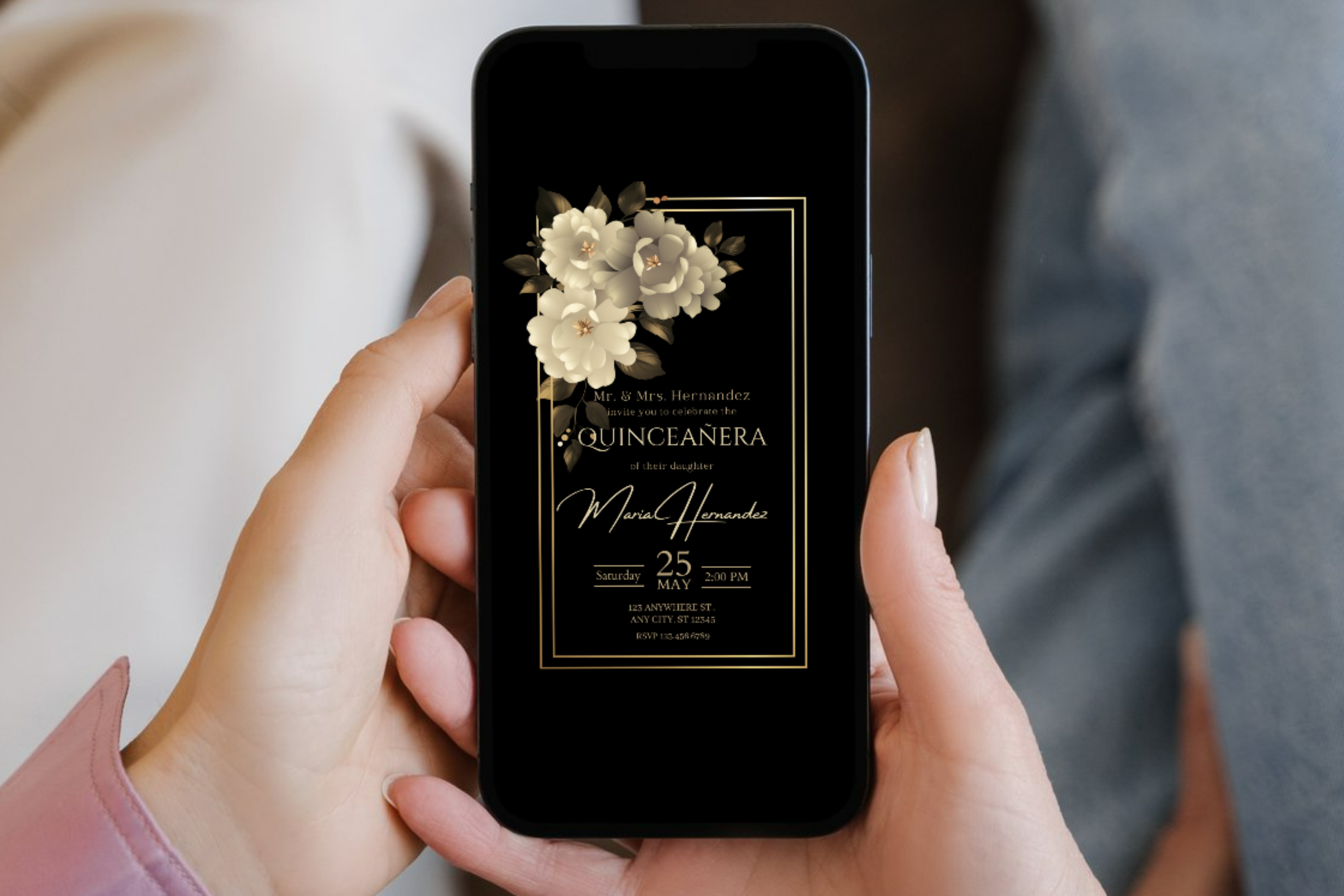 Invitation à une Quinceañera en noir et blanc Motif floral | Modèle Canva | Invitation à imprimer soi-même | Design #177