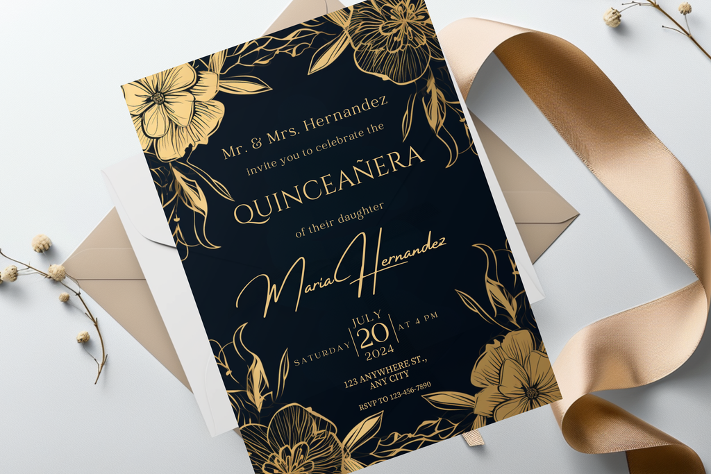 Black and Gold Flower Quinceañera Party Invitation | Canva Template | Print at Home Invitation | Design #161