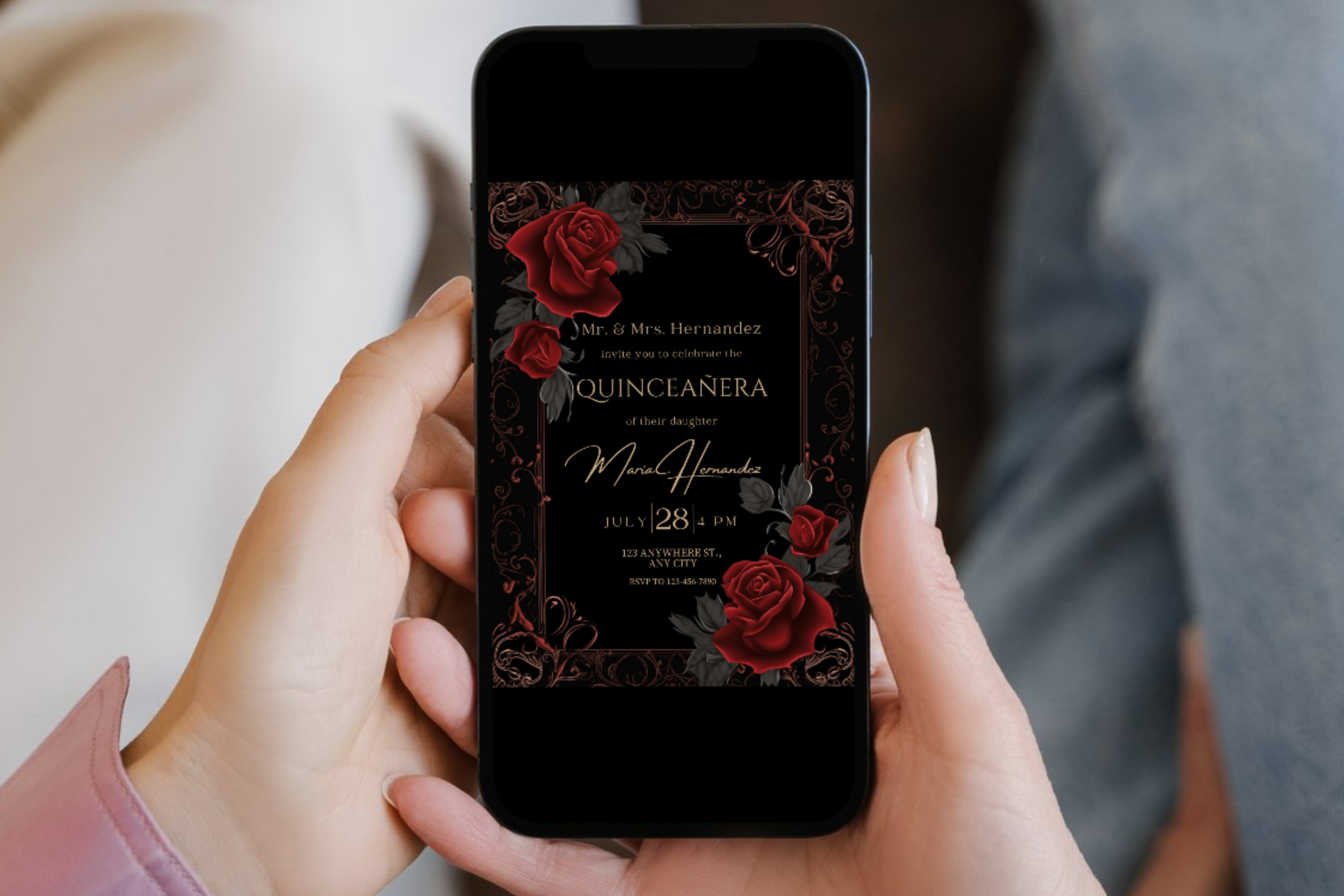 Invitation de Quinceañera Rose Noire et Rouge | Modèle Canva | Invitation à Imprimer Chez Soi | Modèle n°179