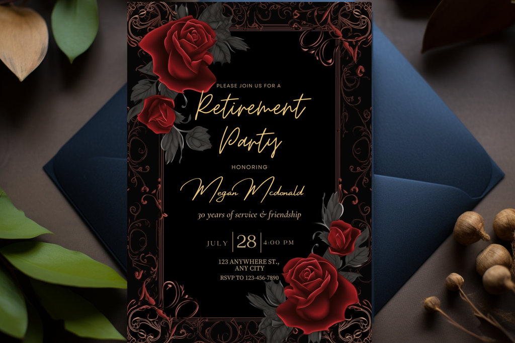 Invitation à la fête de départ à la retraite Rose Noire et Rouge | Modèle Canva | Invitation à imprimer à la maison | Design #156