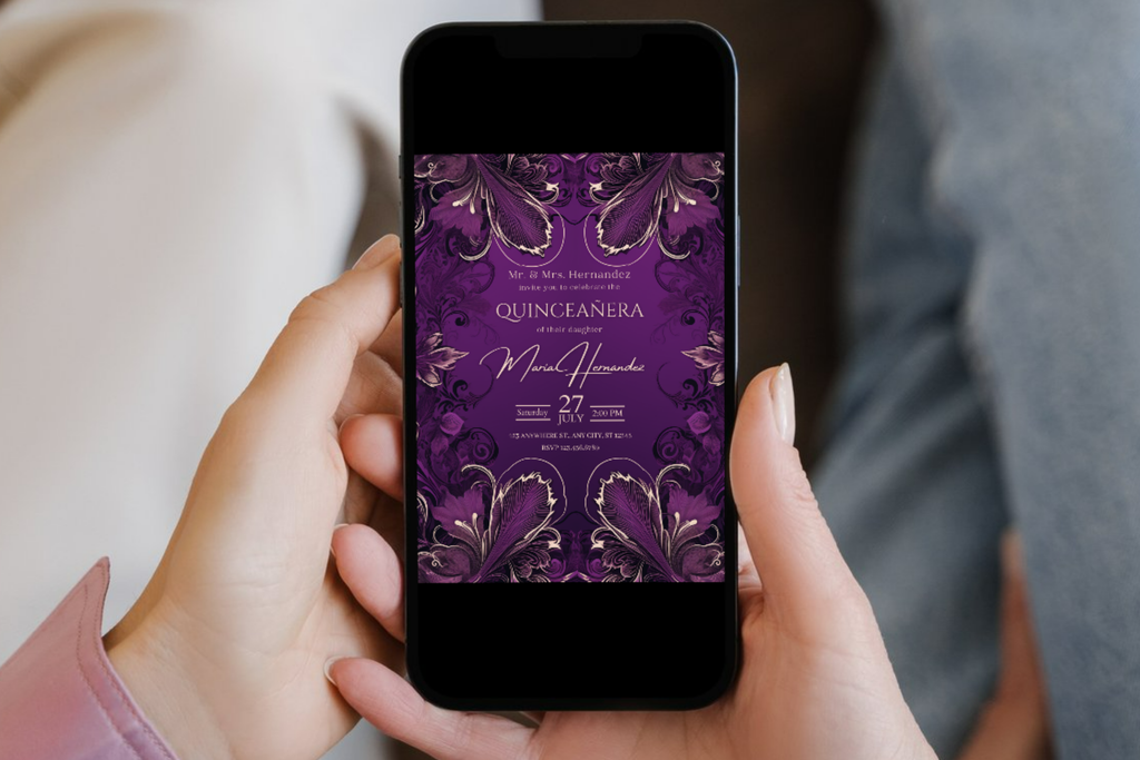 Purple and Gold Flower Quinceañera Party Invitation | Canva Template | Print at Home Invitation | Design #174