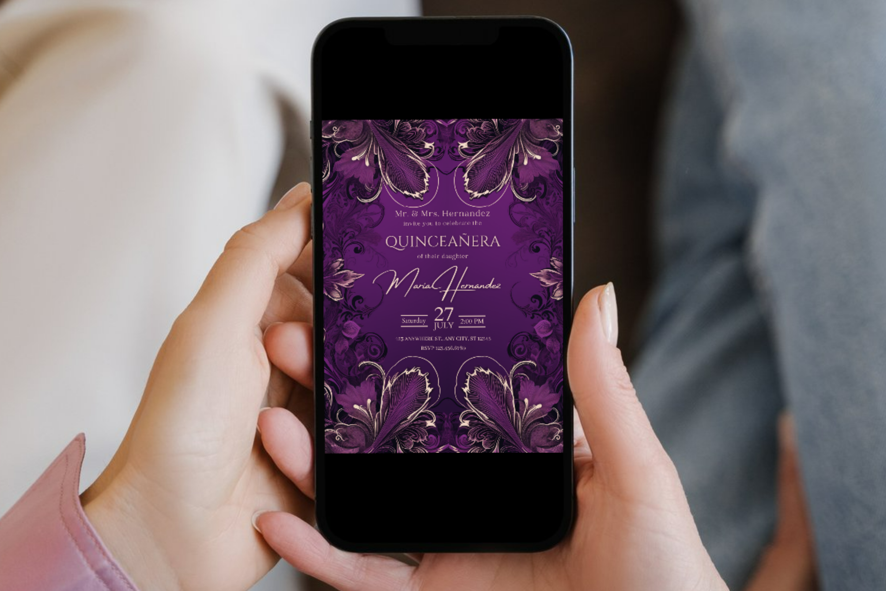 Purple and Gold Flower Quinceañera Party Invitation | Canva Template | Print at Home Invitation | Design #174