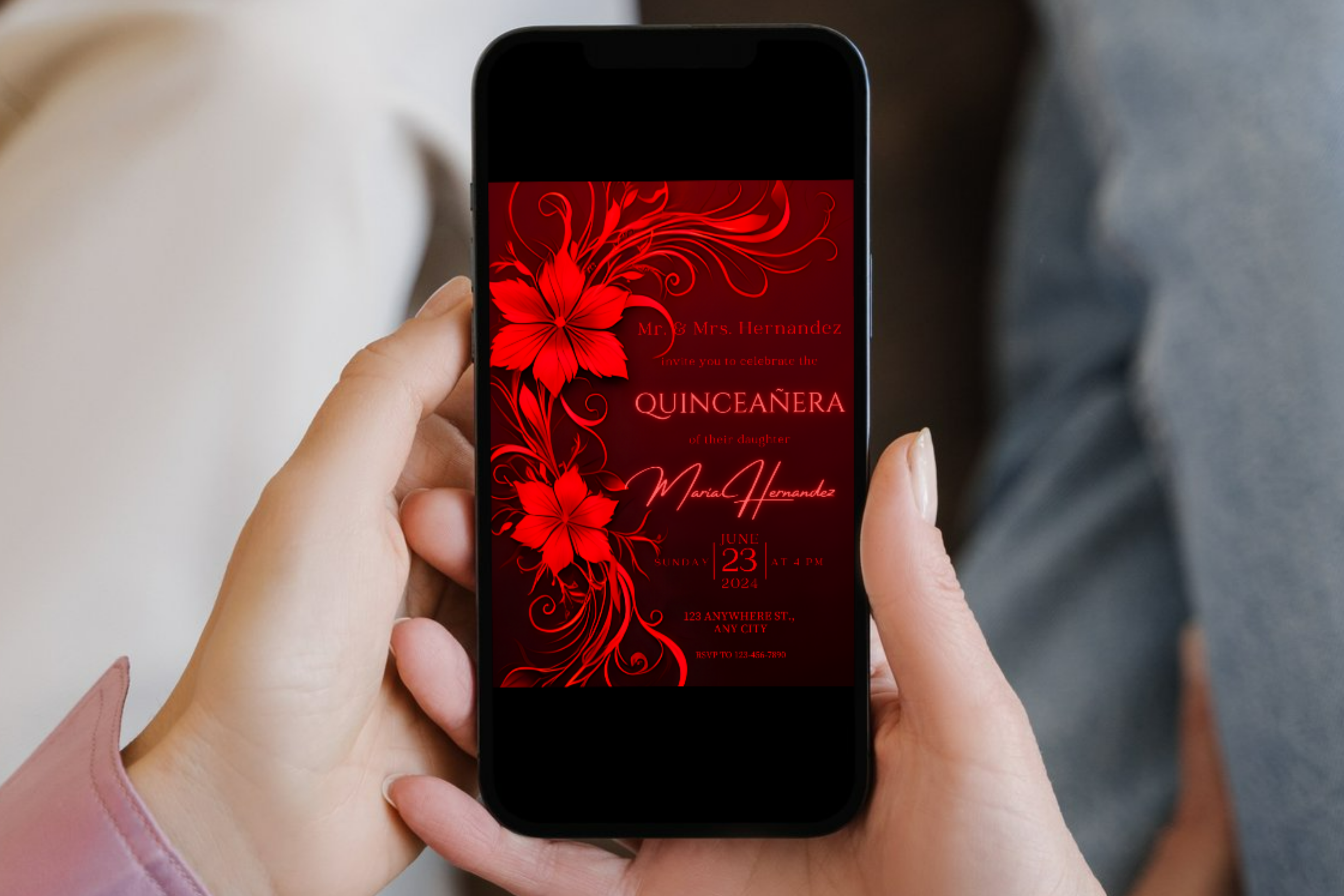 Invitation pour Quinceañera Fleurs Noires et Rouges | Modèle Canva | Invitation à Imprimer chez Soi | Design #169