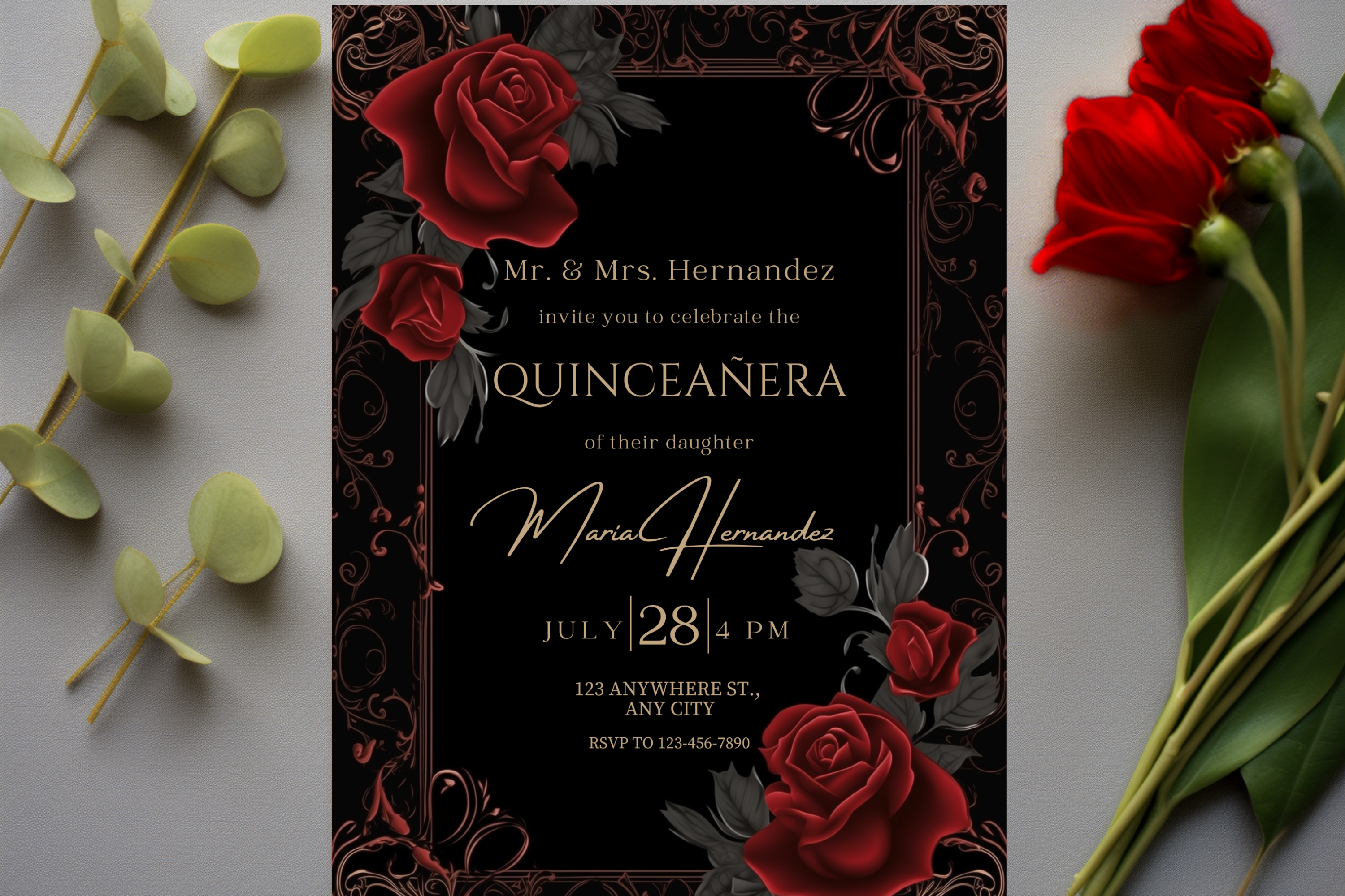 Invitation de Quinceañera Rose Noire et Rouge | Modèle Canva | Invitation à Imprimer Chez Soi | Modèle n°179