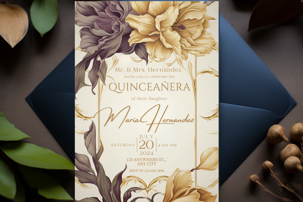 Brown and Gold Flower Quinceañera Party Invitation | Canva Template | Print at Home Invitation | Design #178