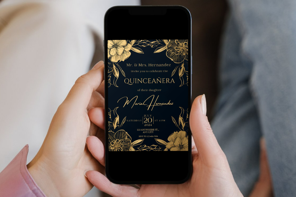 Black and Gold Flower Quinceañera Party Invitation | Canva Template | Print at Home Invitation | Design #161