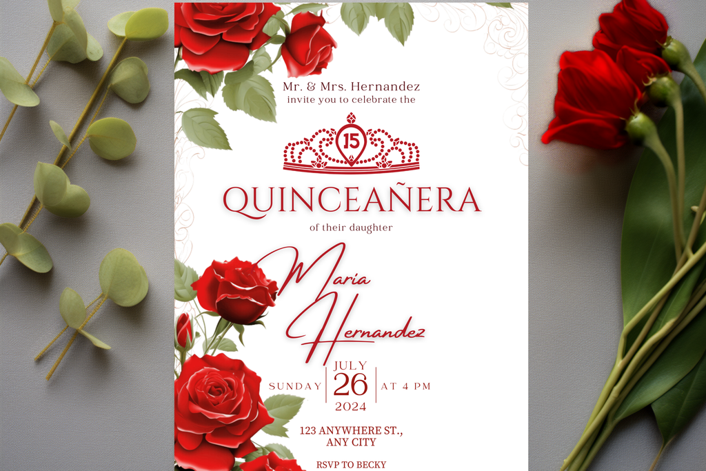 Red Rose Quinceañera Party Invitation | Canva Template | Print at Home Invitation | Design #166