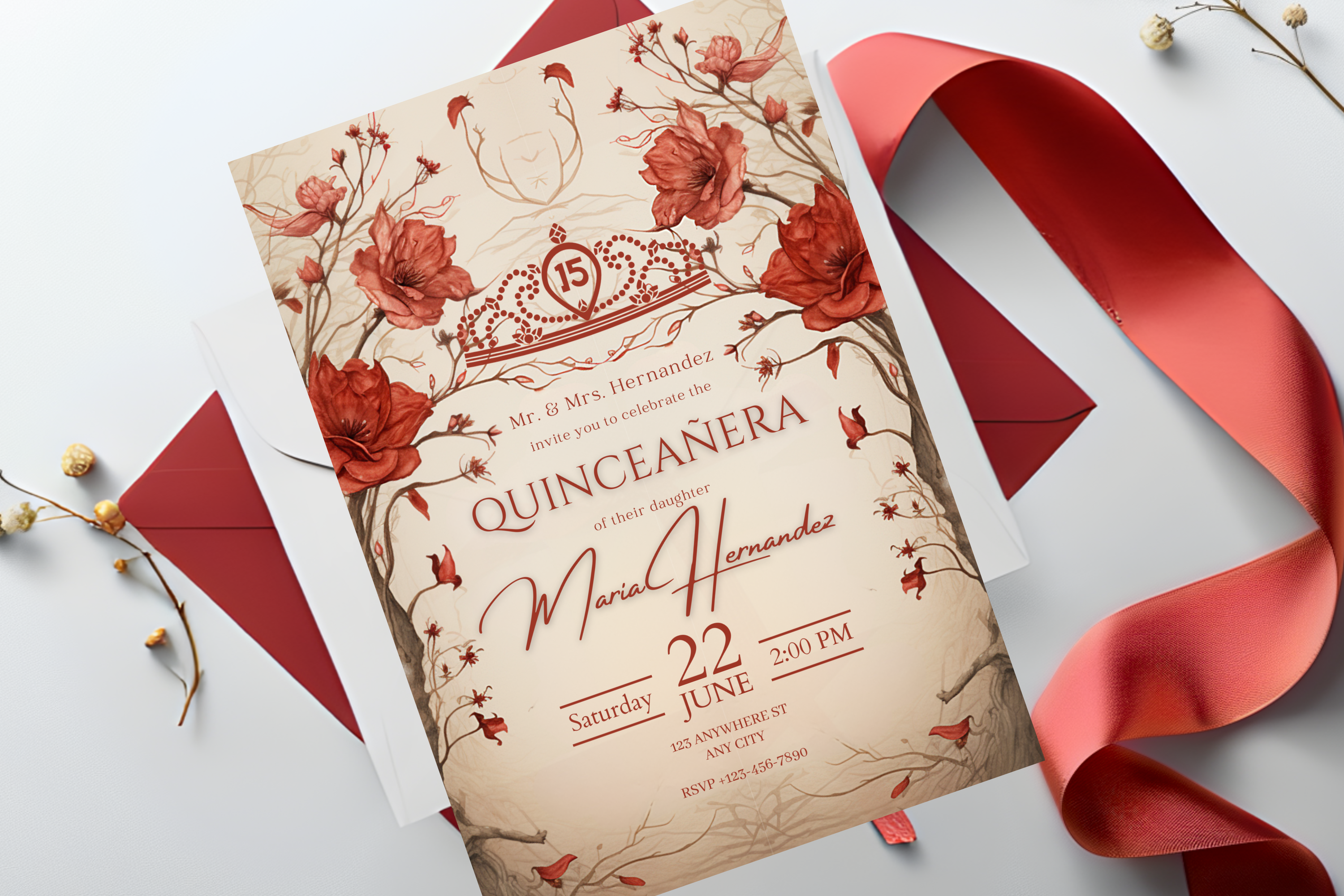 Beige and Red Flower Quinceañera Party Invitation | Canva Template | Print at Home Invitation | Design #170