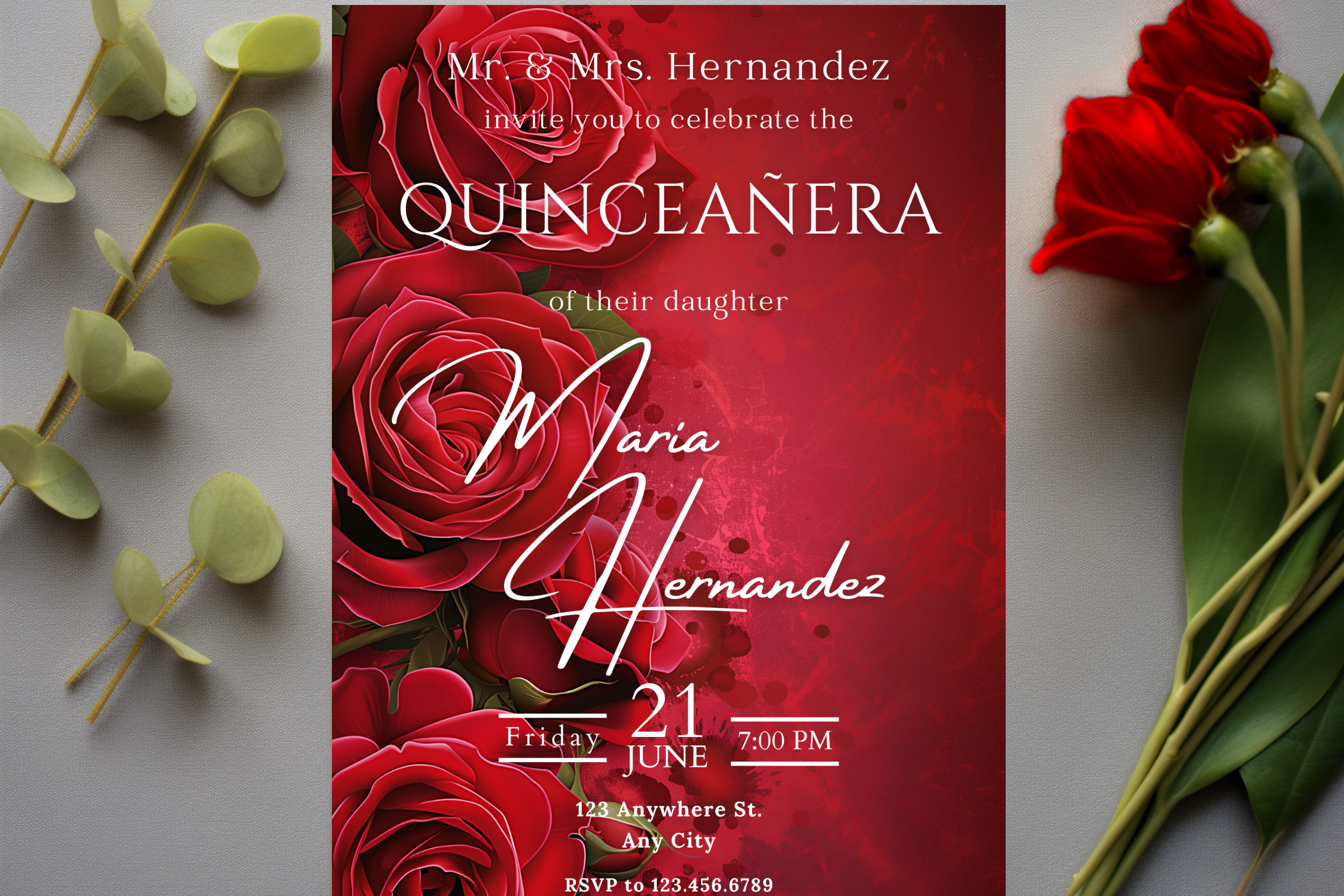 Red Rose Quinceañera Party Invitation | Canva Template | Print at Home Invitation | Design #168