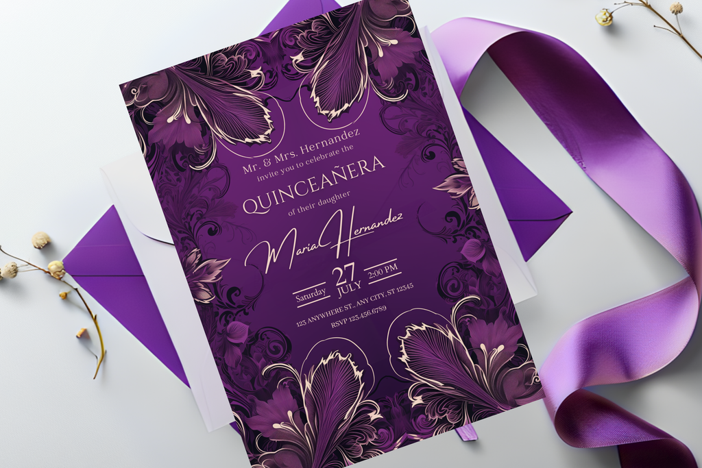 Purple and Gold Flower Quinceañera Party Invitation | Canva Template | Print at Home Invitation | Design #174