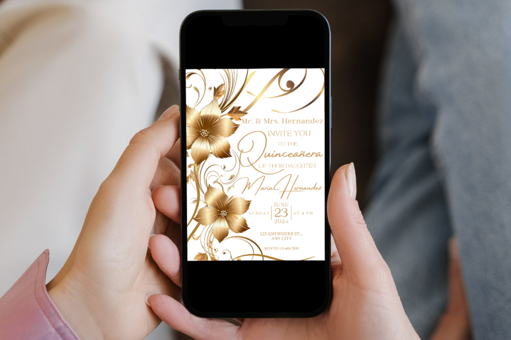White and Gold Flower Quinceañera Party Invitation | Canva Template | Print at Home Invitation | Design #171