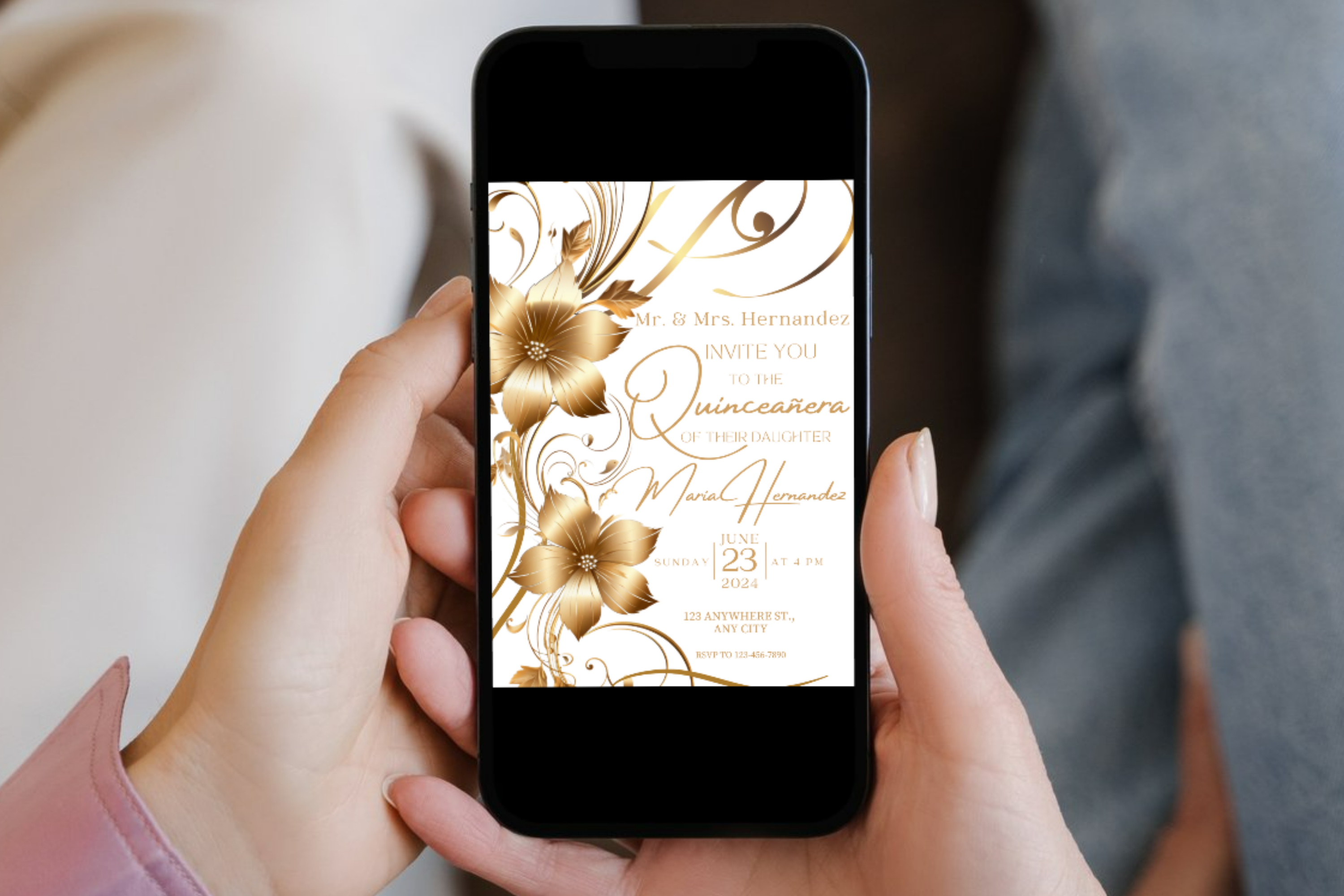 White and Gold Flower Quinceañera Party Invitation | Canva Template | Print at Home Invitation | Design #171