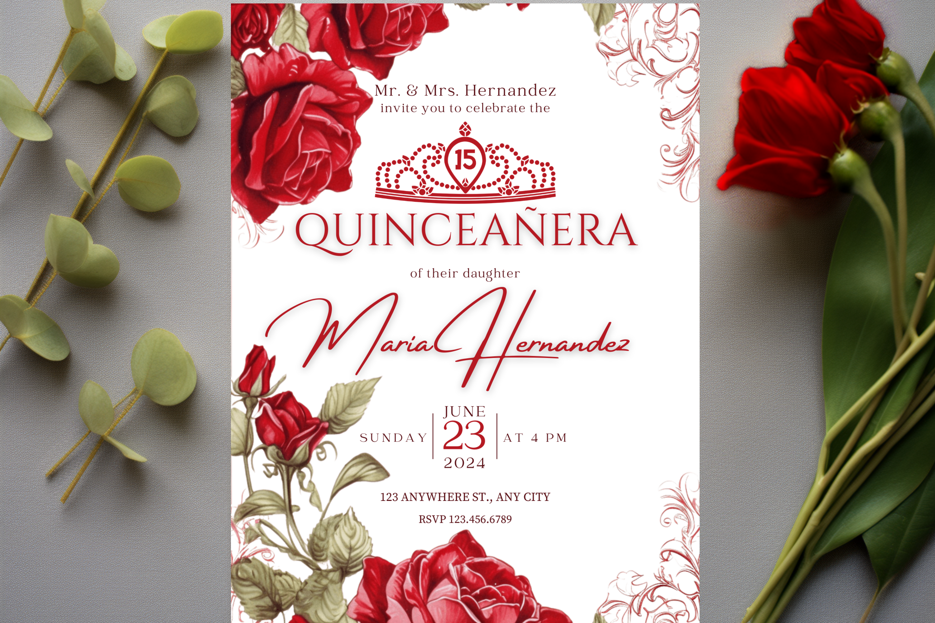 Red Rose Quinceañera Party Invitation | Canva Template | Print at Home Invitation | Design #167