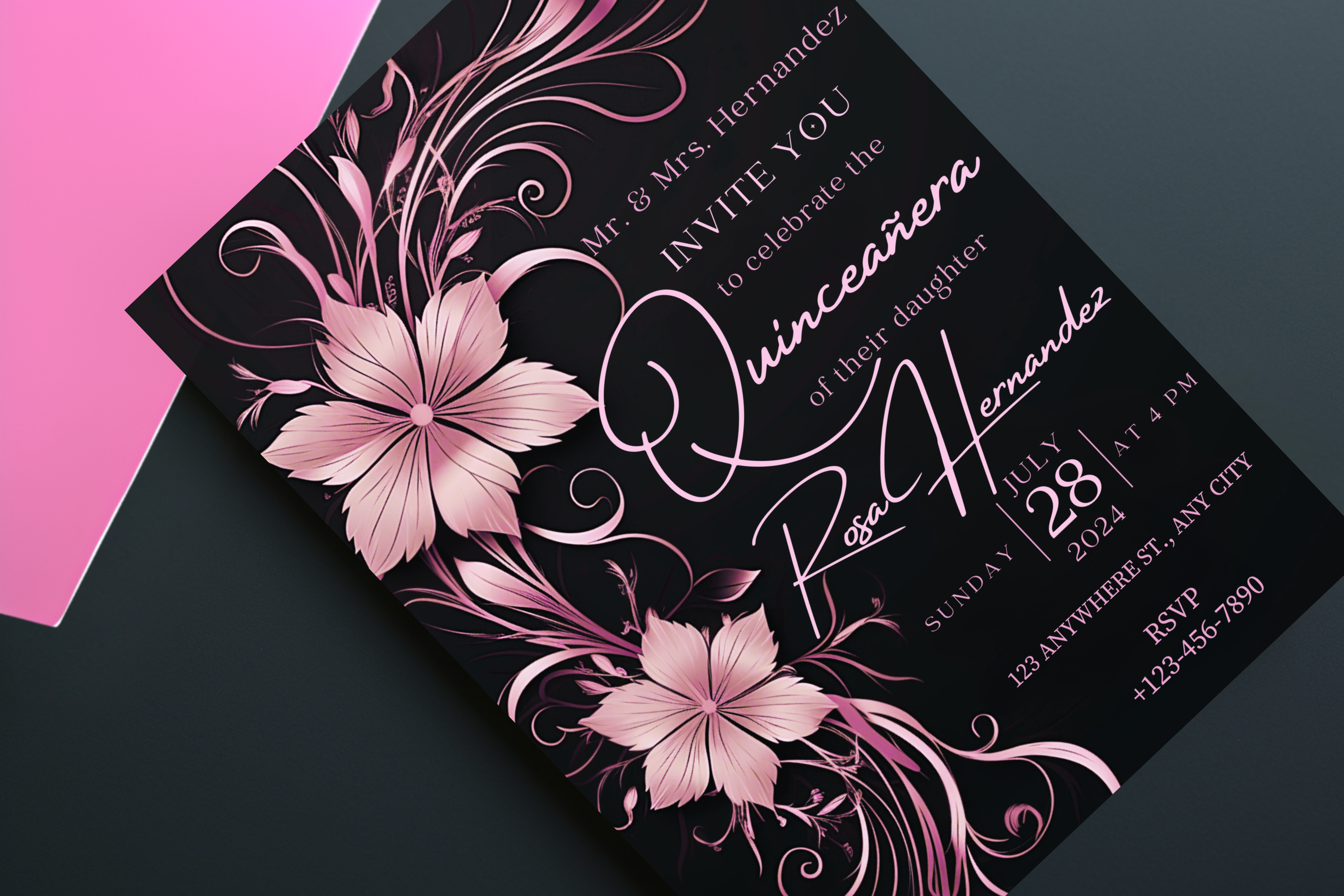 Invitation d'anniversaire de Quinceañera Fleurs noires et roses | Modèle Canva | Invitation à imprimer chez soi | Design #172